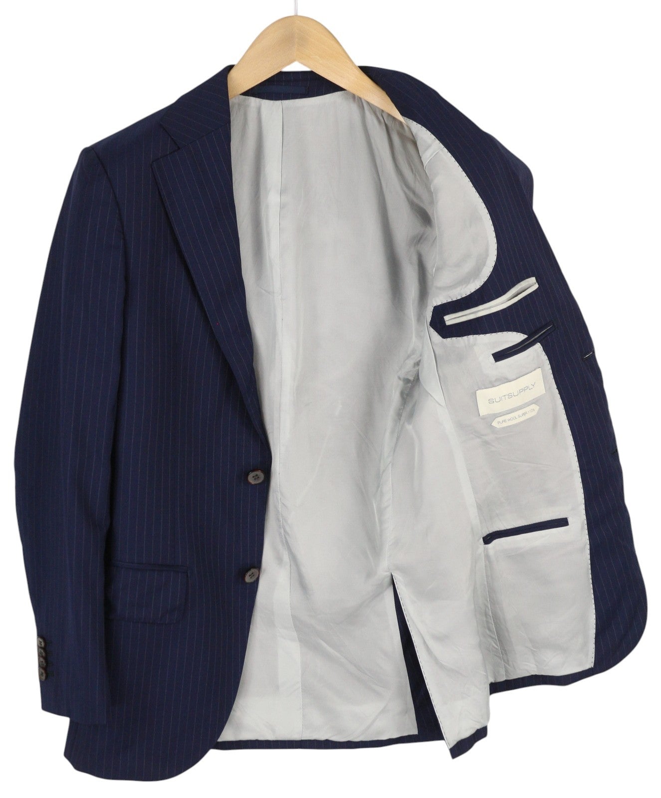 SUITSUPPLY Lazio vienaeilis vyriškas švarkas UK32R mėlynas vilnonis, plonas kirpimas, dryžuotas 