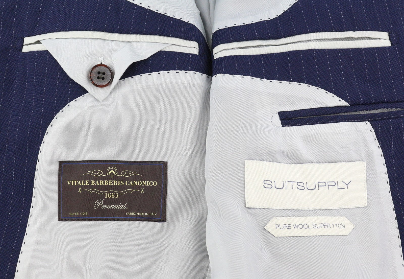 SUITSUPPLY Lazio vienaeilis vyriškas švarkas UK32R mėlynas vilnonis, plonas kirpimas, dryžuotas 