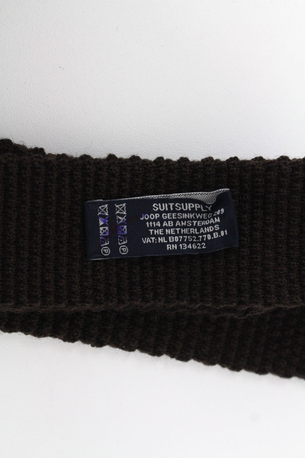 SUITSUPPLY vyriškas kaklaraištis ~150x6cm tamsiai rudas megztas vilnonis klasikinis kaklaraištis kvadratiniais galais 