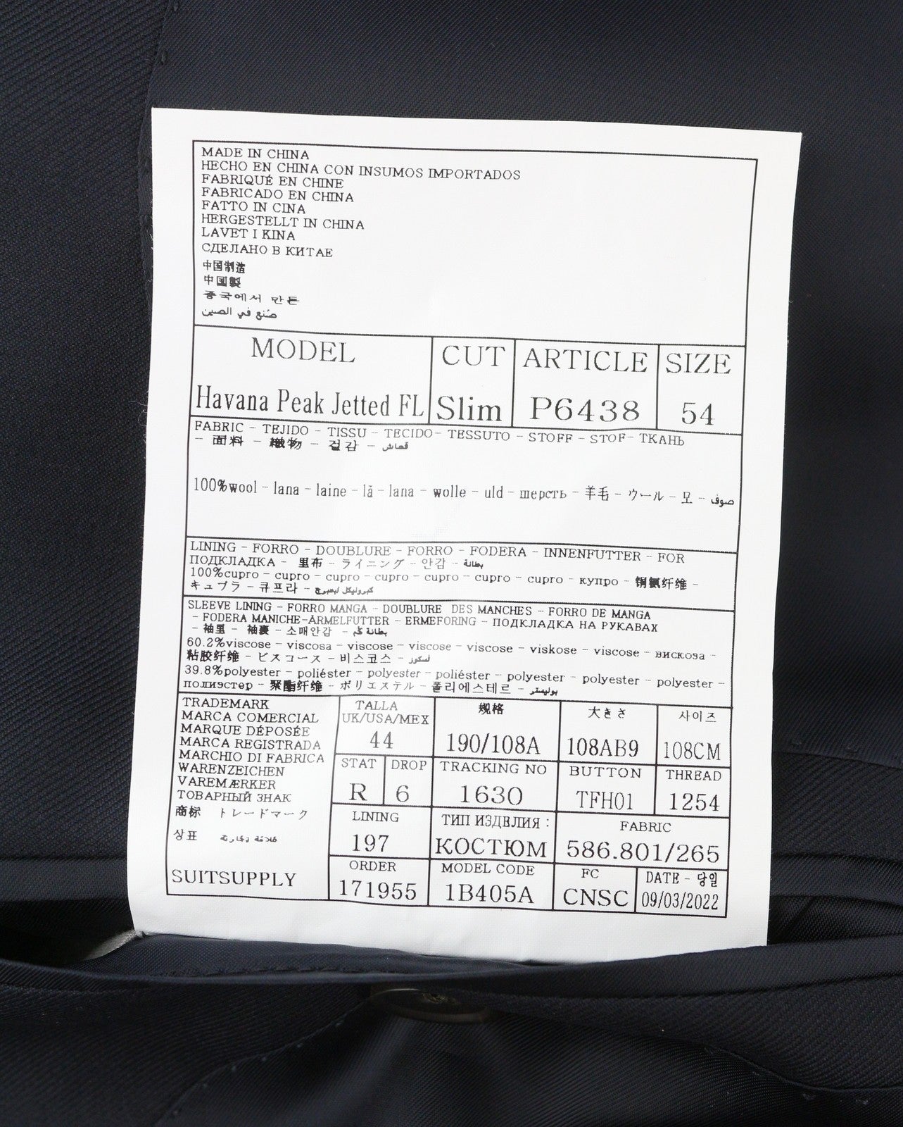 SUITSUPPLY Havana Peak Jetted Ferrara Soho Men Suit UK44R Blue Wool 3 Piece