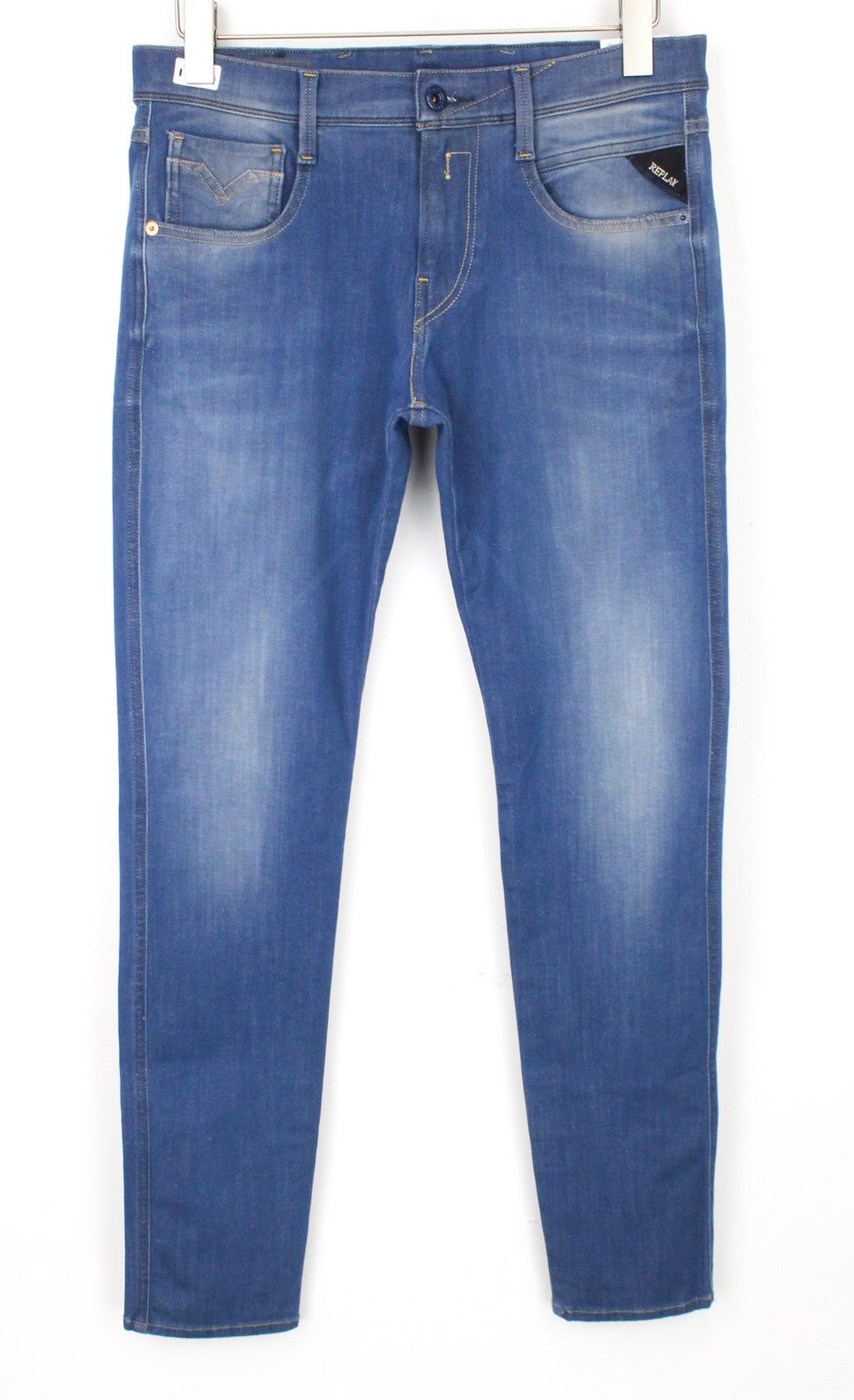 REPLAY Anbass vyriški W29/L32 džinsai, prigludę, tamprūs, mėlyni, su 5 kišenėmis, skalbtos medvilnės audinys 