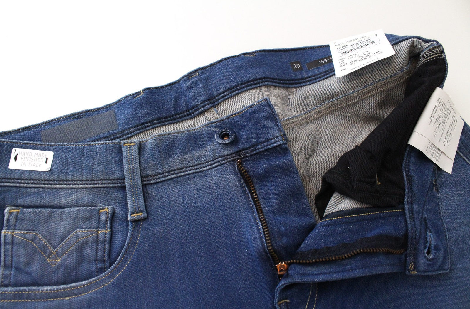 REPLAY Anbass vyriški W29/L32 džinsai, prigludę, tamprūs, mėlyni, su 5 kišenėmis, skalbtos medvilnės audinys 