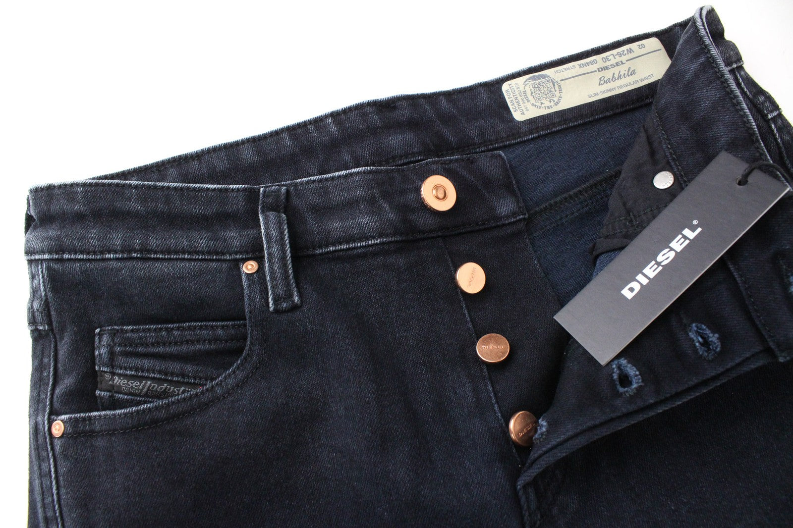 DIESEL Babhila 084NX moteriški W26/L30 džinsai Slim-Skinny tamsiai mėlyni, tamprios medvilnės audinys 