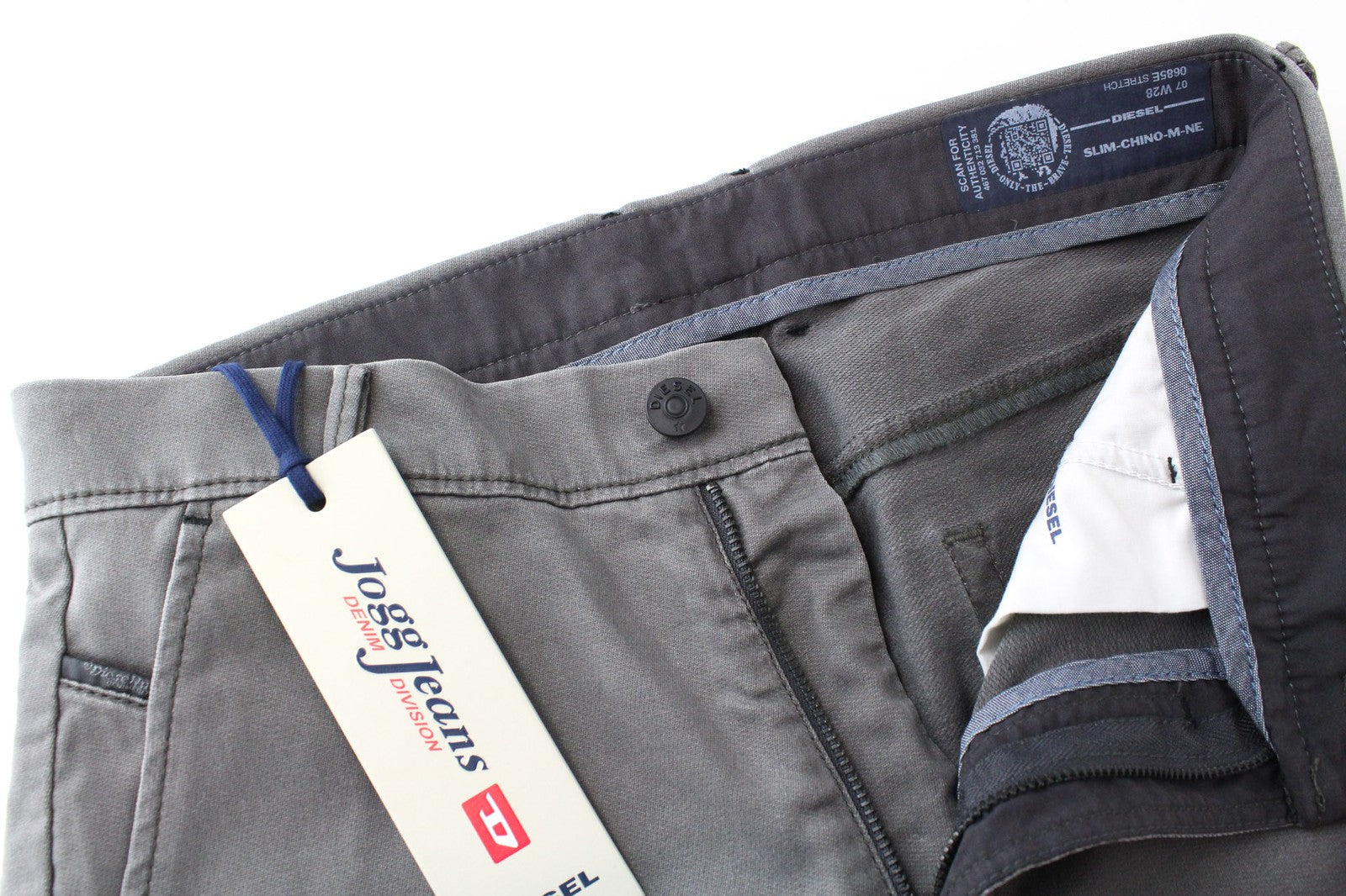 DIESEL Slim-Chino-M-NE 0685E vyriški W28 Jogg Sweat Slim medvilniniai tamprūs pilki džinsai 