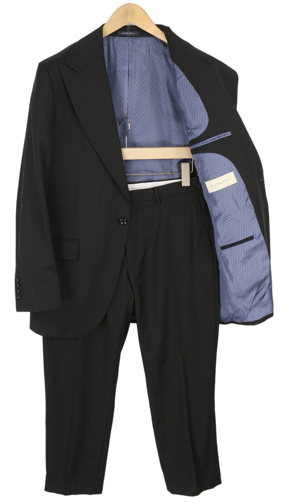 SUITSUPPLY La Spalla Men Suit UK42R / W34 Black Wool Peak Flat Front 2 Pieces