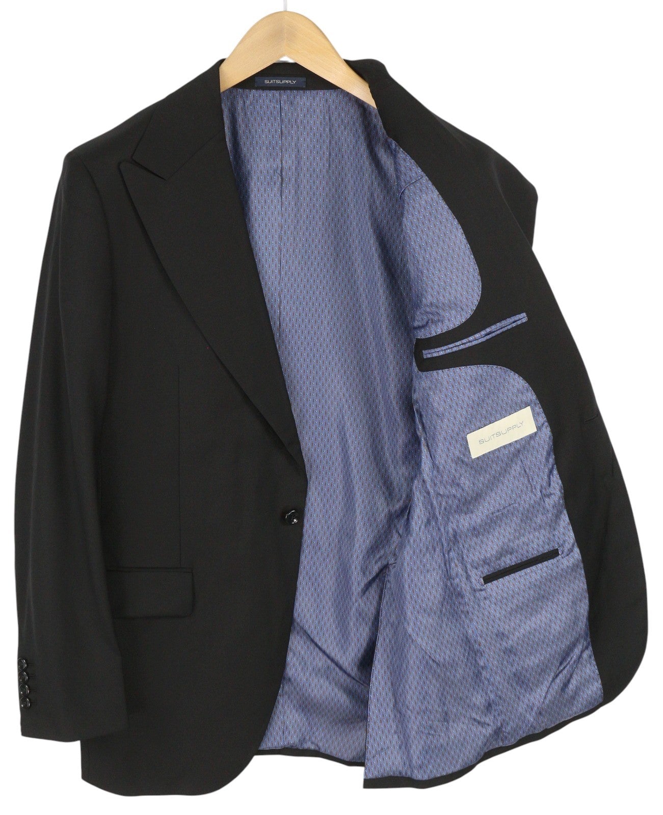 SUITSUPPLY La Spalla Men Suit UK42R / W34 Black Wool Peak Flat Front 2 Pieces