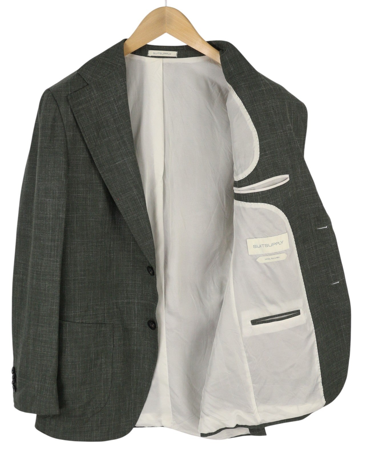 SUITSUPPLY Havana Patch Wide Lapel FL Men Suit UK38R Green Wool Silk Linen 2in1