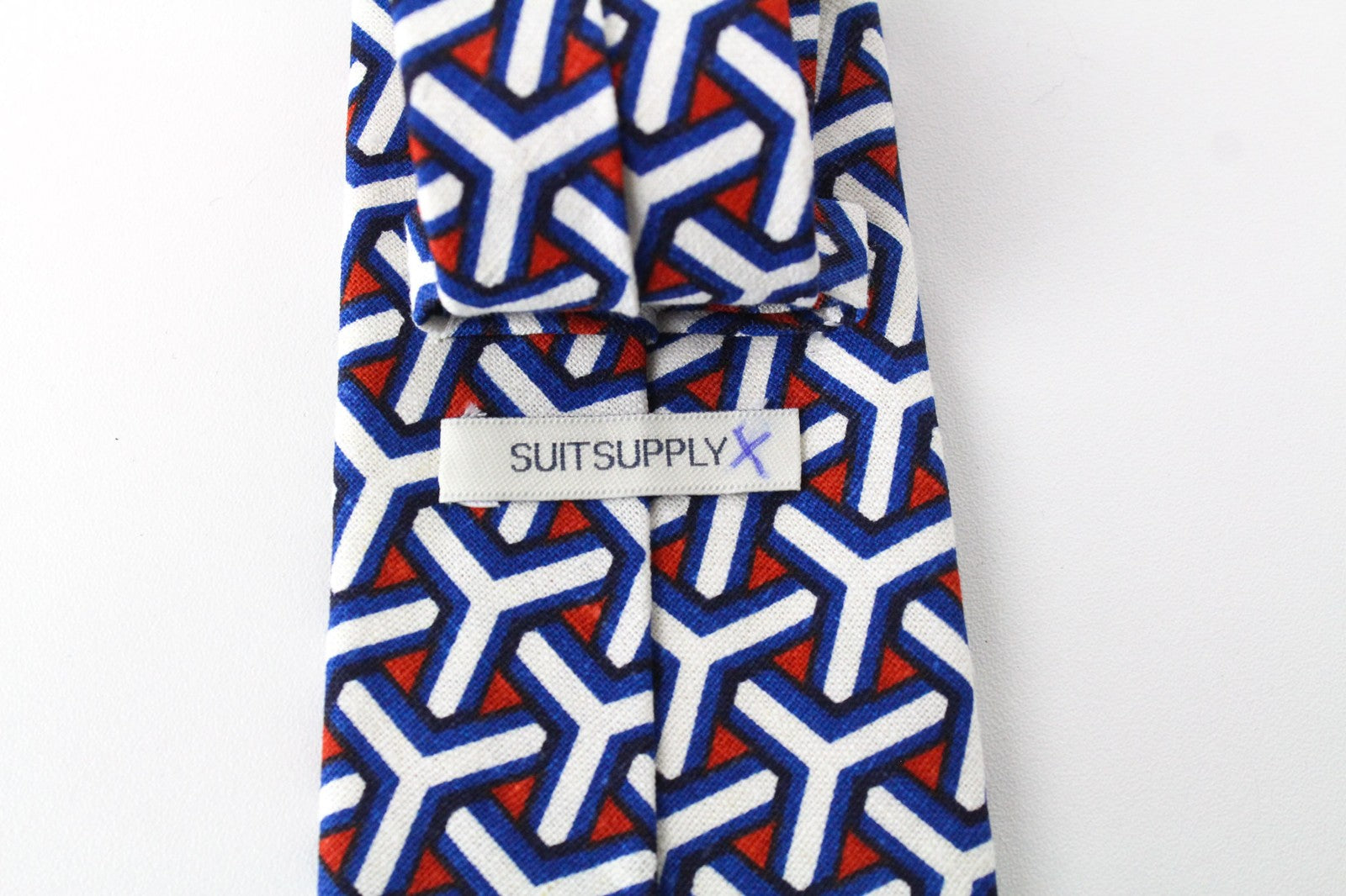 SUITSUPPLY Vyriškas kaklaraištis 148 x 8 cm, mėlynas lininis medvilninis kaklaraištis su geometriniais raštais 