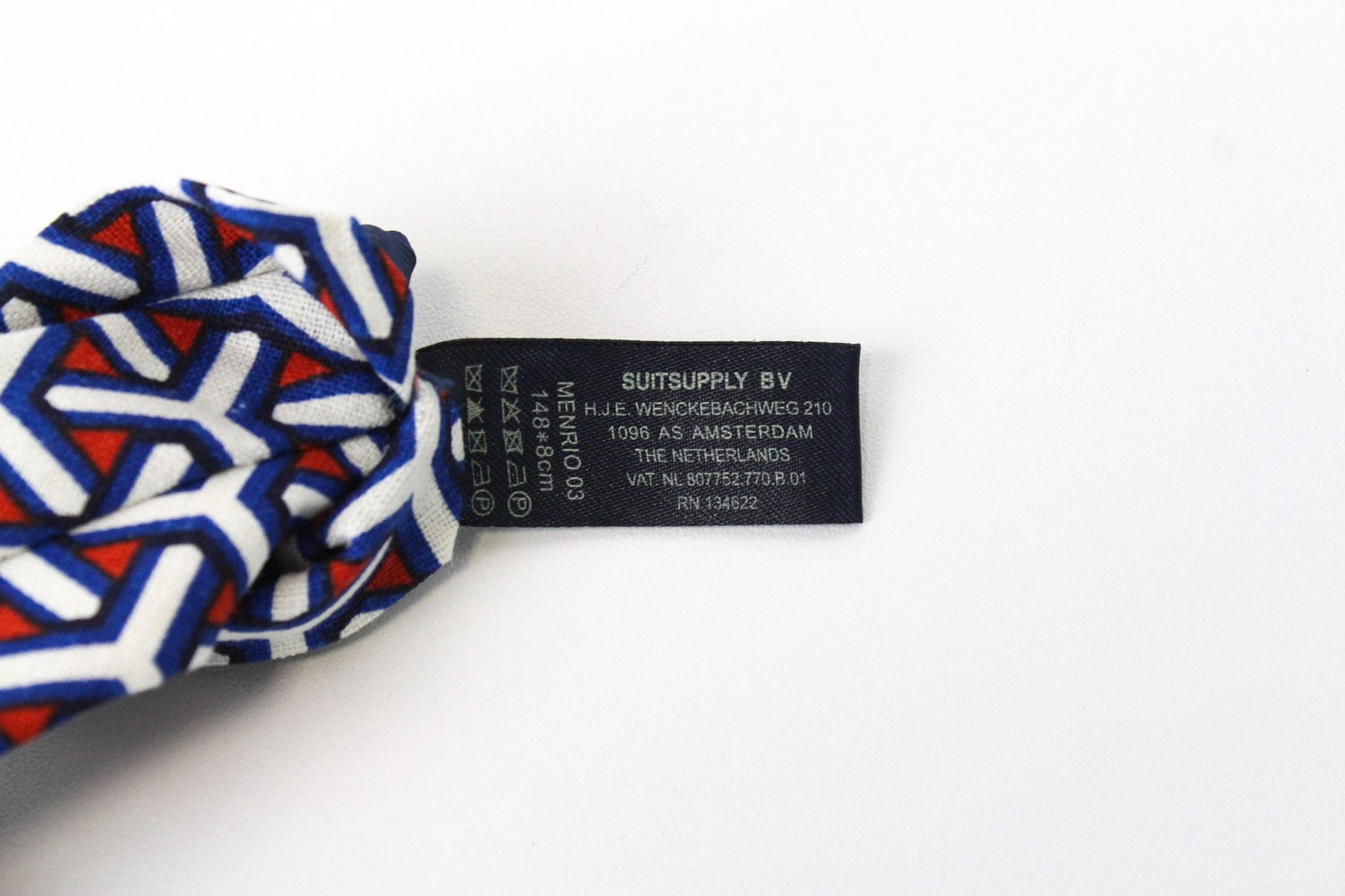 SUITSUPPLY Vyriškas kaklaraištis 148 x 8 cm, mėlynas lininis medvilninis kaklaraištis su geometriniais raštais 