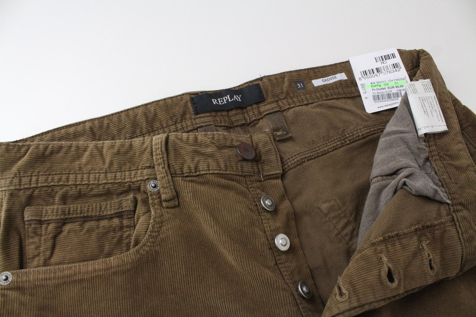 REPLAY Grover vyriški W31/L34 rudi tamprūs velvetiniai tiesaus kirpimo džinsai 