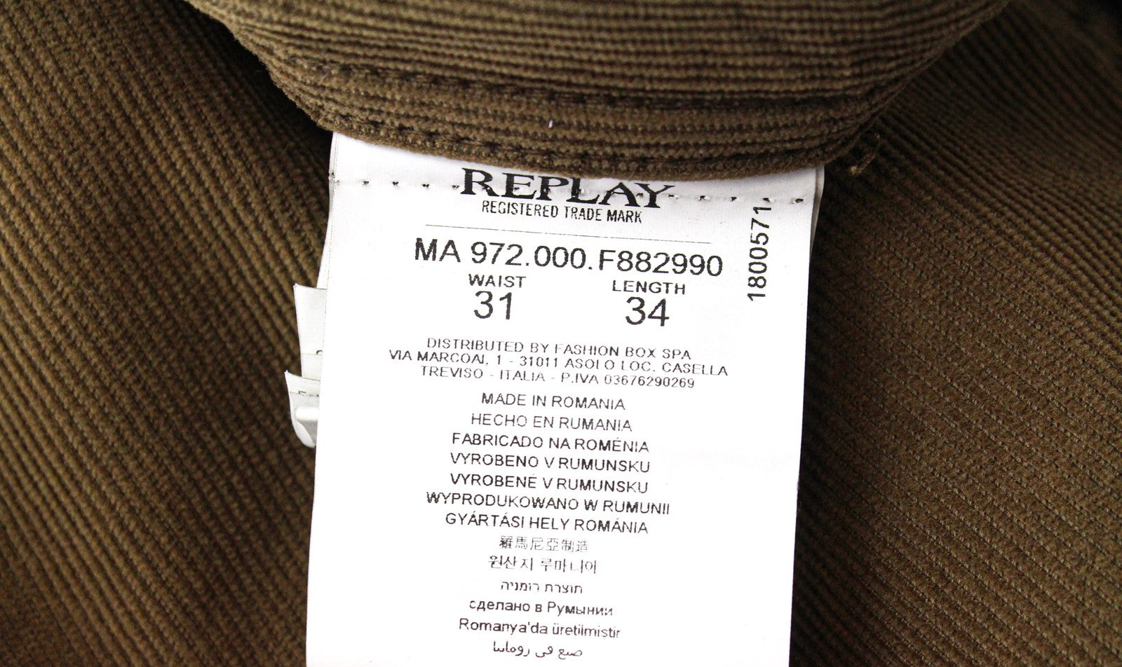 REPLAY Grover vyriški W31/L34 rudi tamprūs velvetiniai tiesaus kirpimo džinsai 