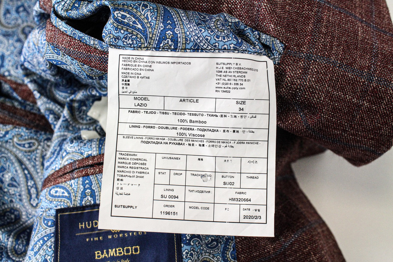 SUITSUPPLY Lazio Red Blazer EU34 Men's Slim Fit Checked Bamboo Formal