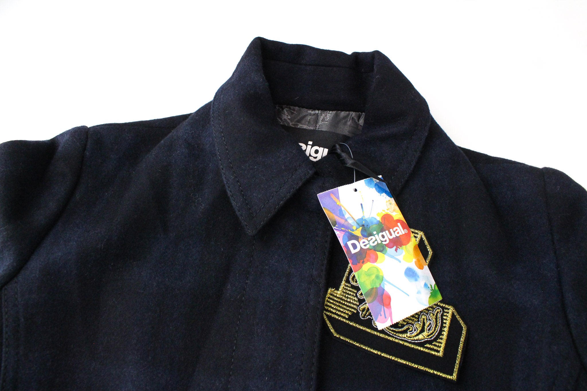 DESIGUAL Snow Robot EU36 Tamsiai mėlynas vilnonis paltas su languotu dizainerio vidutinio ilgio raštu 