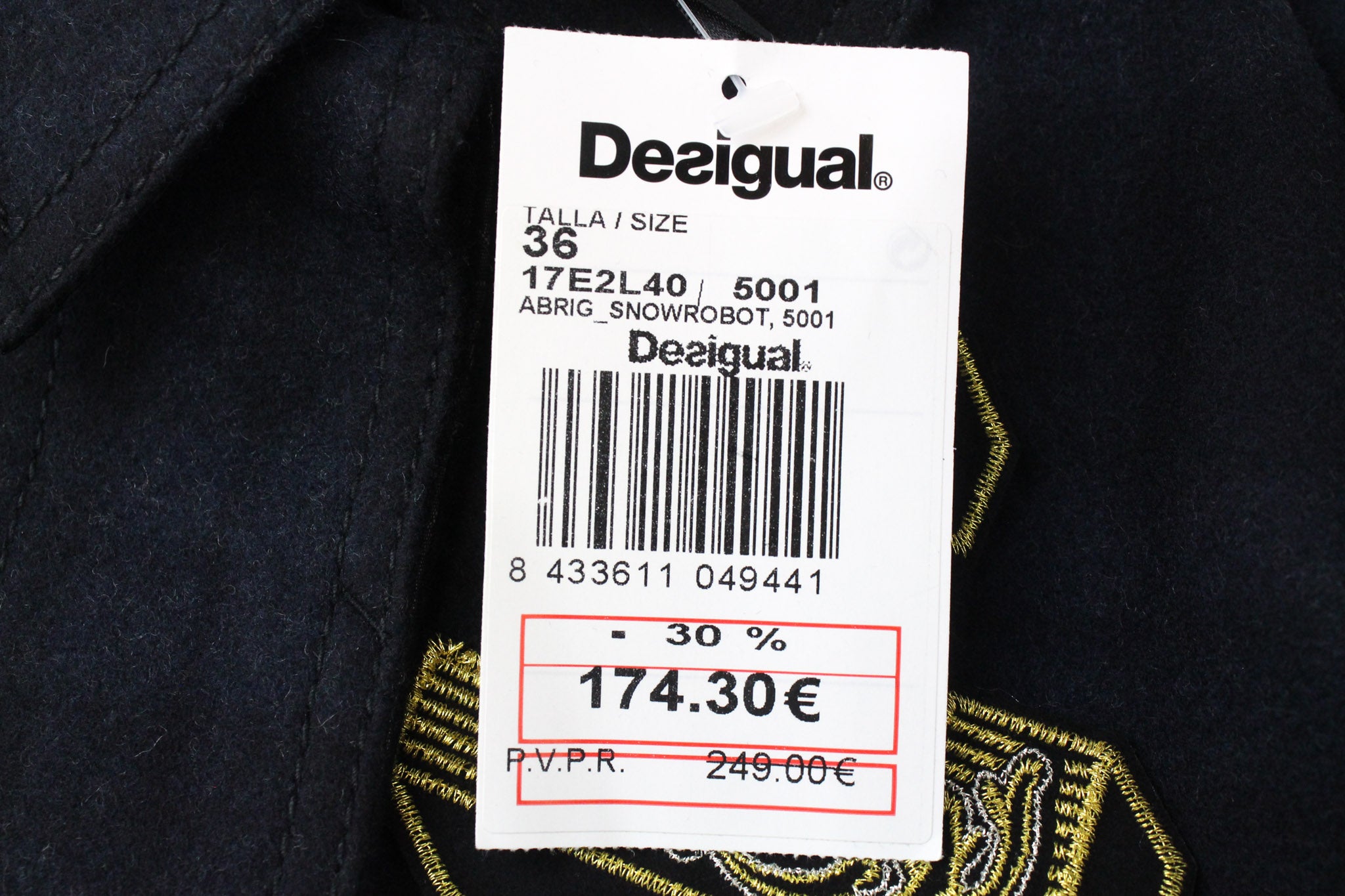 DESIGUAL Snow Robot EU36 Tamsiai mėlynas vilnonis paltas su languotu dizainerio vidutinio ilgio raštu 