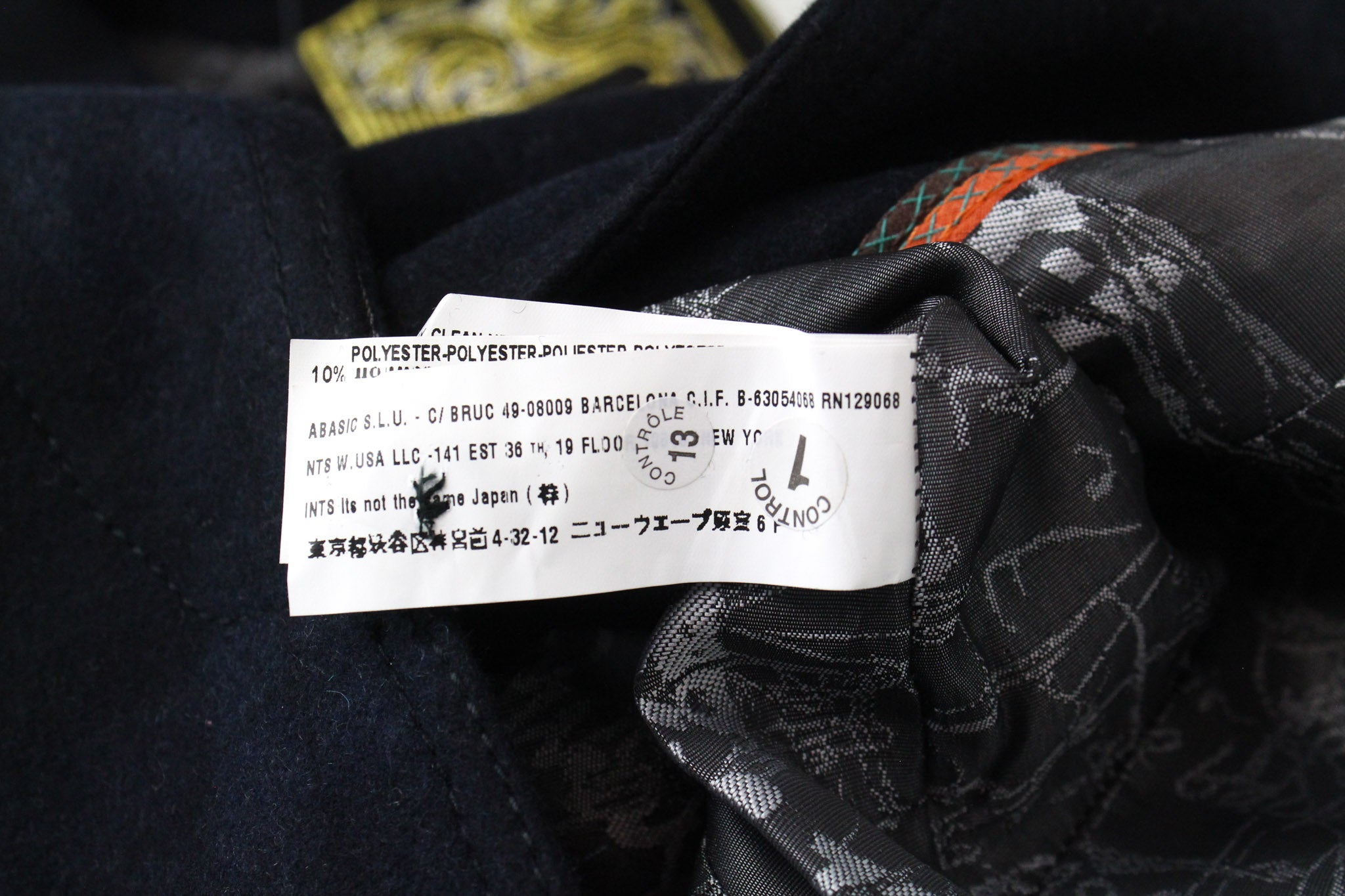 DESIGUAL Snow Robot EU36 Tamsiai mėlynas vilnonis paltas su languotu dizainerio vidutinio ilgio raštu 