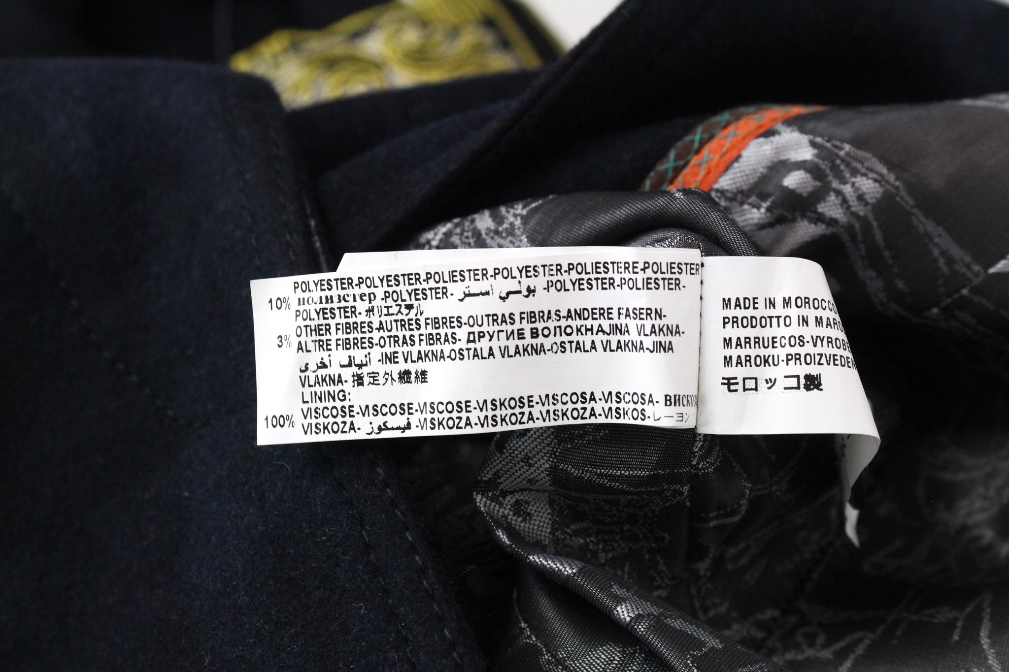 DESIGUAL Snow Robot EU36 Tamsiai mėlynas vilnonis paltas su languotu dizainerio vidutinio ilgio raštu 