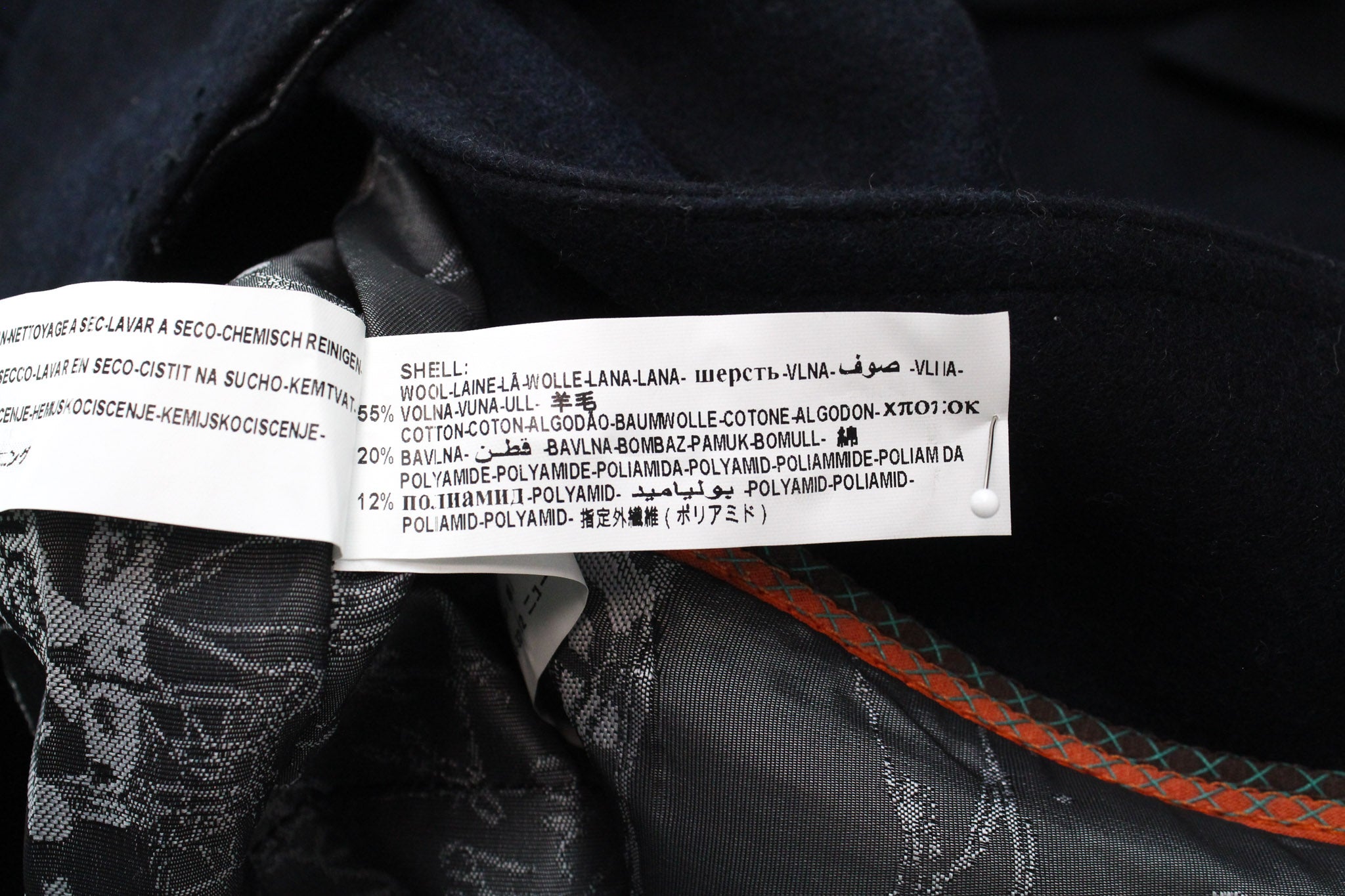 DESIGUAL Snow Robot EU36 Tamsiai mėlynas vilnonis paltas su languotu dizainerio vidutinio ilgio raštu 