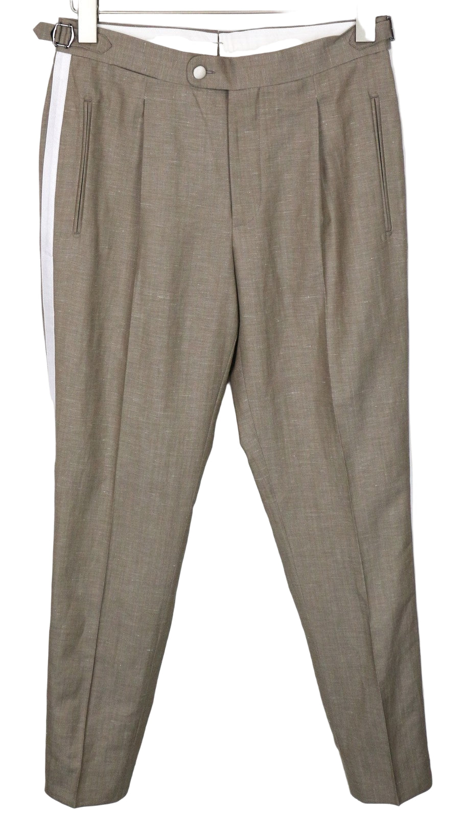 SUITSUPPLY Brescia vyriškos smokingo kelnės UK34R, rudos spalvos, klostytos, vilnos ir lino mišinio 