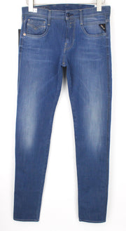 REPLAY Anbass W29/L34 vyriški ploni „Hyperflex“ mėlyni dryžuoti džinsai su užtrauktuku 