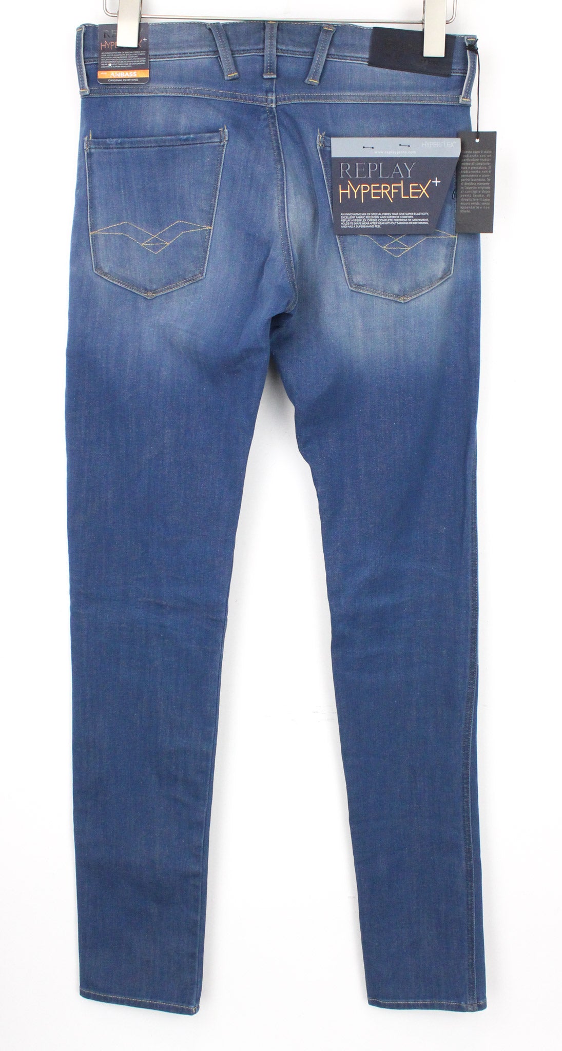 REPLAY Anbass W29/L34 vyriški ploni „Hyperflex“ mėlyni dryžuoti džinsai su užtrauktuku 