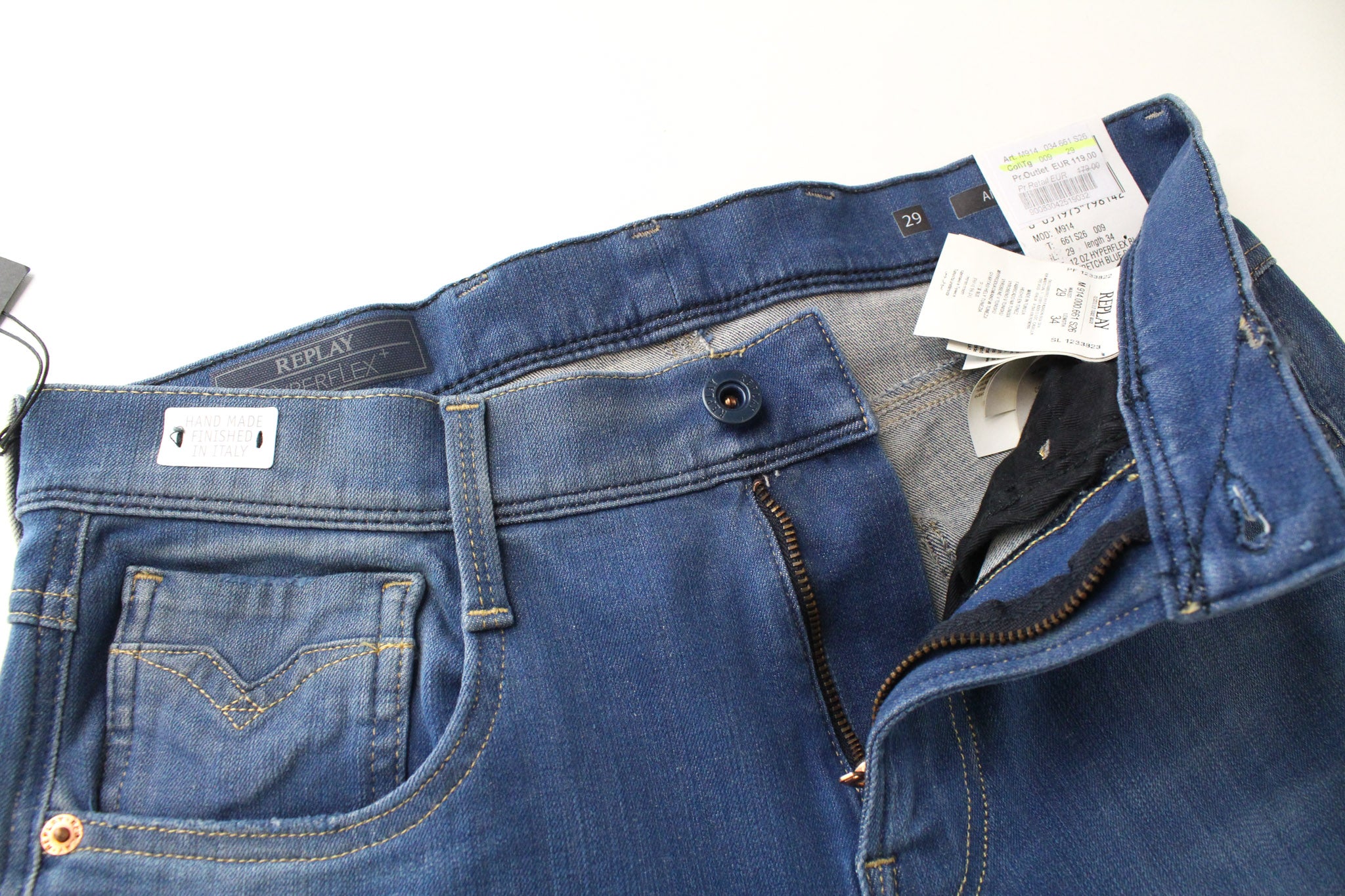 REPLAY Anbass W29/L34 vyriški ploni „Hyperflex“ mėlyni dryžuoti džinsai su užtrauktuku 