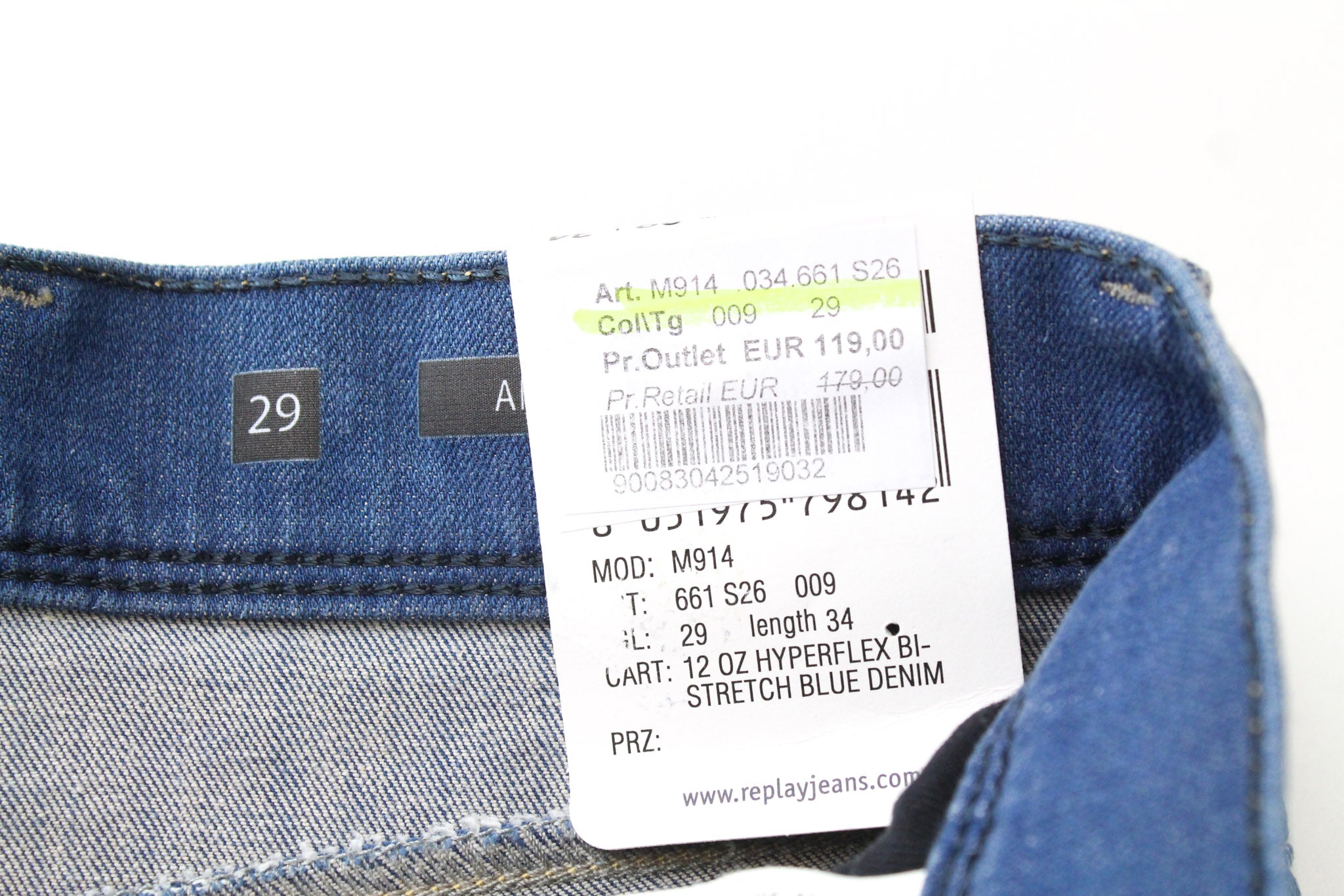 REPLAY Anbass W29/L34 vyriški ploni „Hyperflex“ mėlyni dryžuoti džinsai su užtrauktuku 