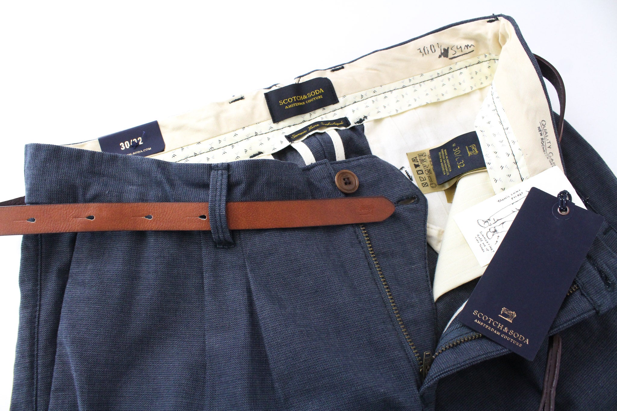 SCOTCH & SODA Stuart W30/L32 Slim Pleated Grey Chino Non-Stretch Pants