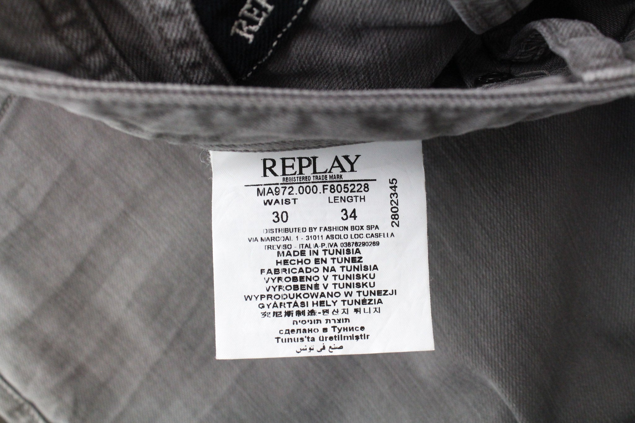 REPLAY Grover W30/L34 pilki dryžuoti, tiesaus kirpimo tamprūs džinsai su sagomis