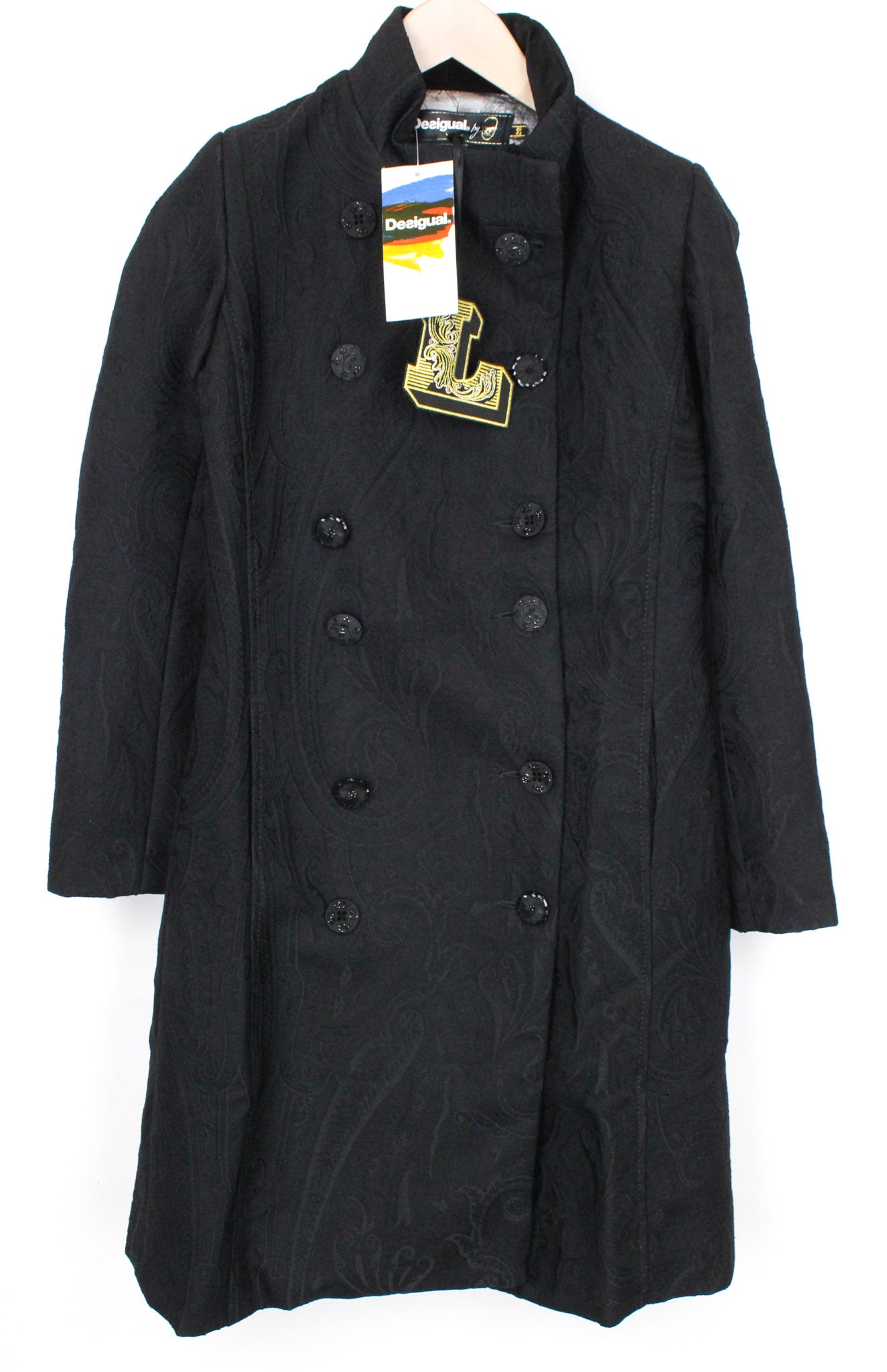 DESIGUAL Innocense moteriškas paltas 28 žakardo juodas vilnonis dizainerio stiliaus 