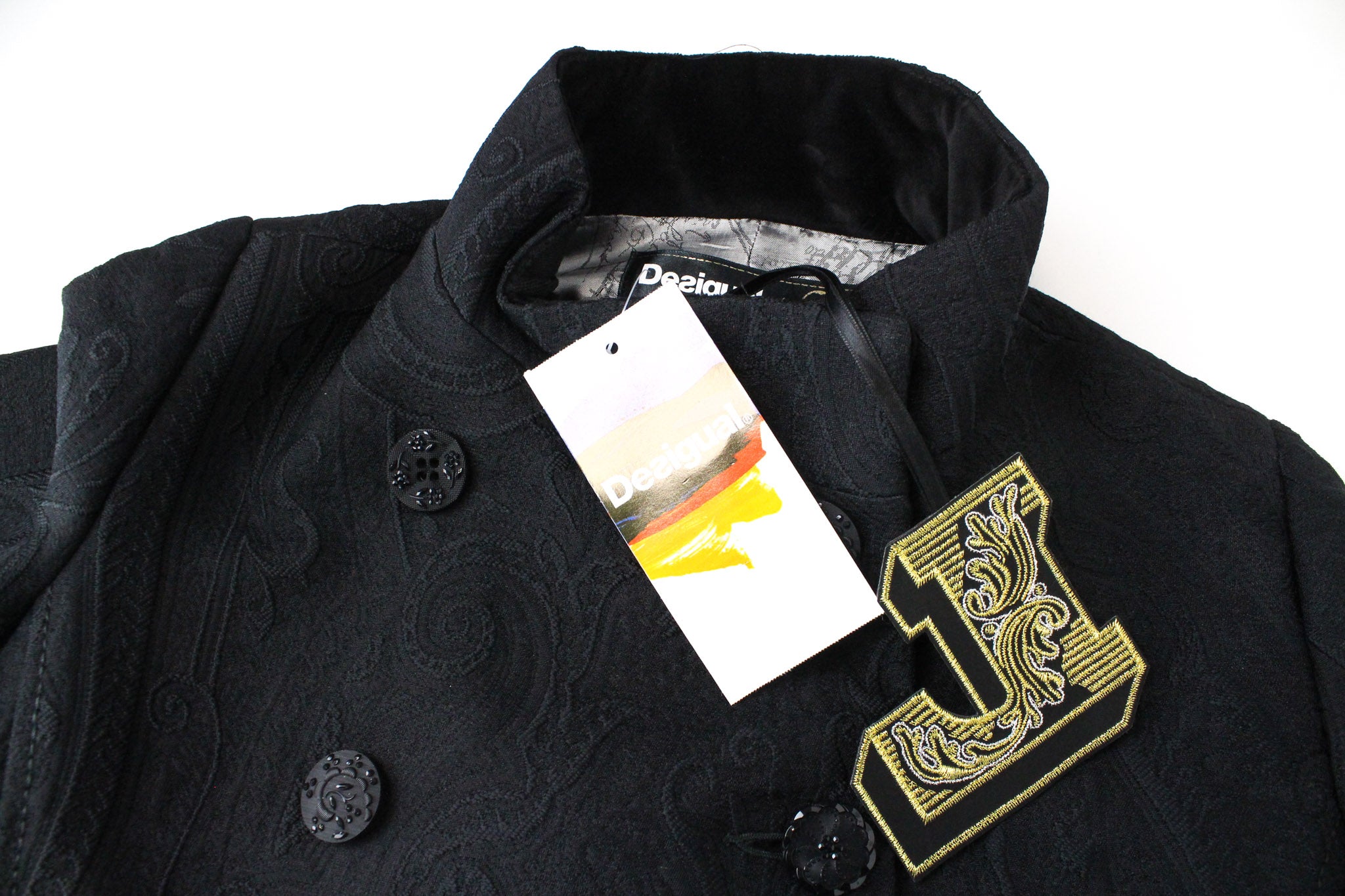 DESIGUAL Innocense moteriškas paltas 28 žakardo juodas vilnonis dizainerio stiliaus 