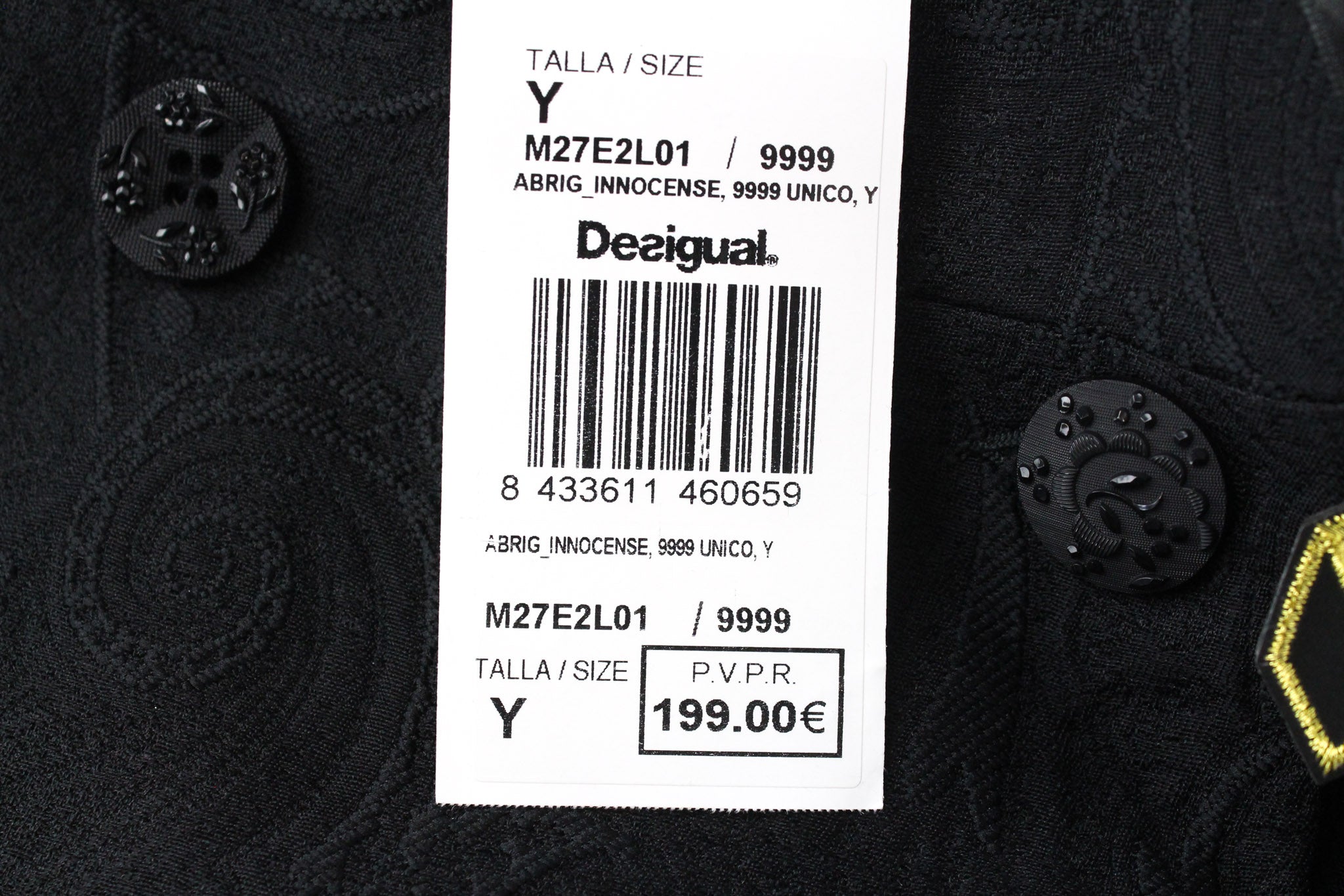 DESIGUAL Innocense moteriškas paltas 28 žakardo juodas vilnonis dizainerio stiliaus 