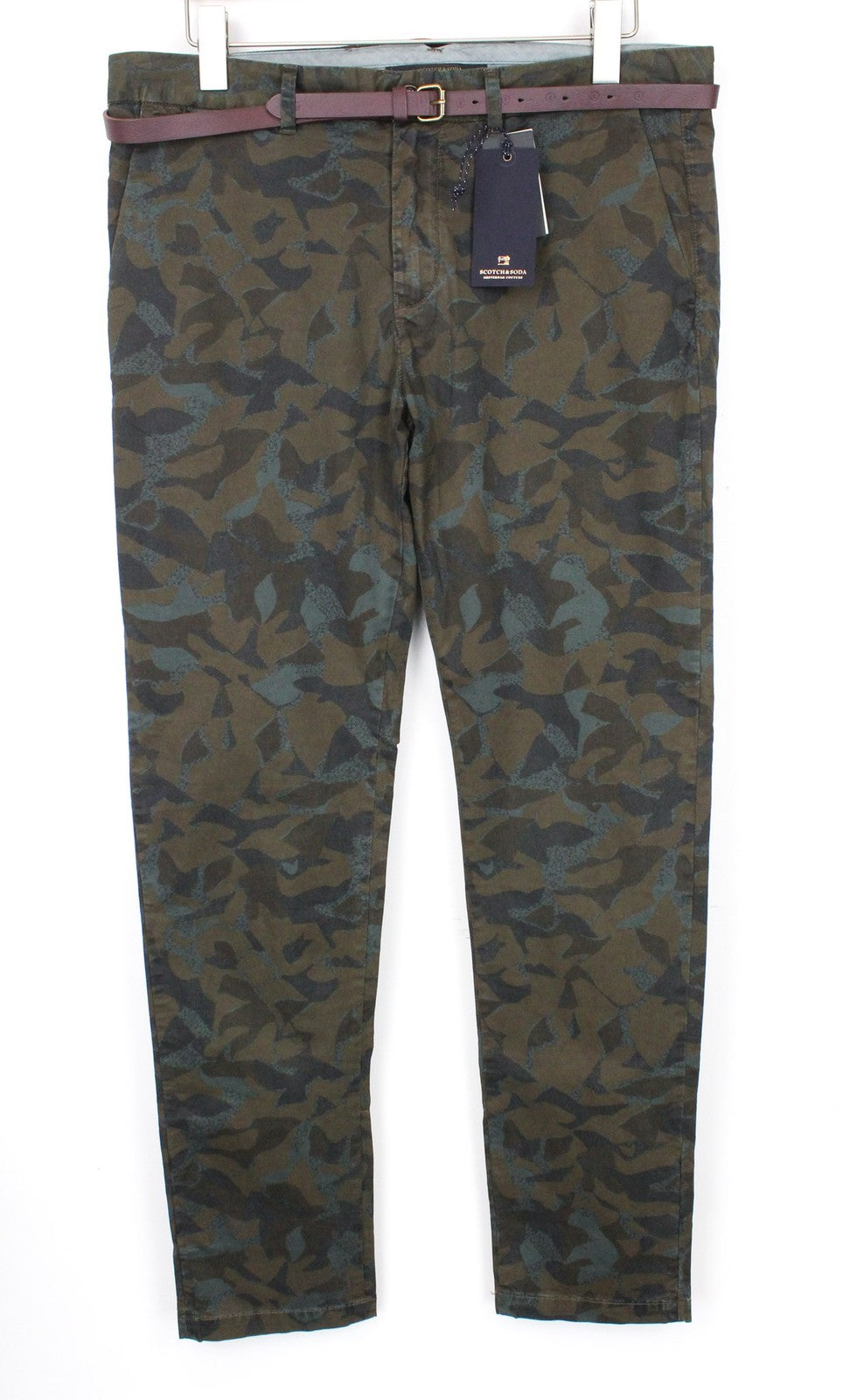 SCOTCH & SODA Stuart Chino W33/L32 Green Men's Slim Camo Dyed Trousers