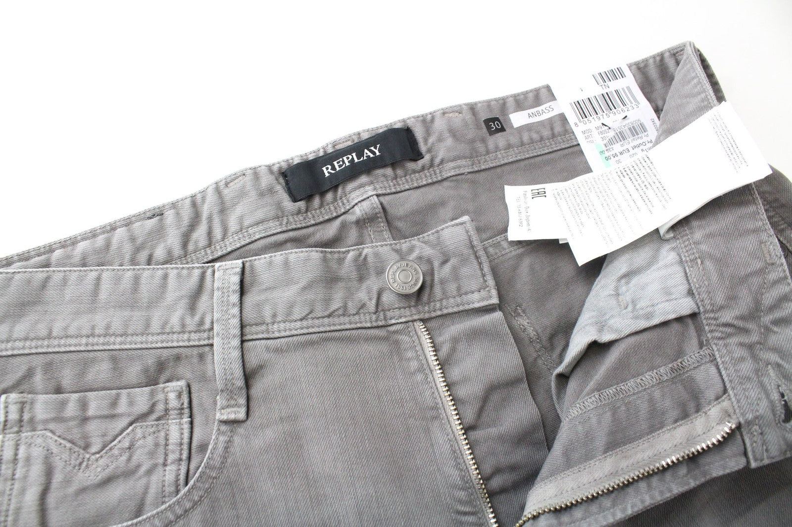 REPLAY Anbass vyriški džinsai W30/L34 pilki, prigludę, tamprūs, medvilniniai, laisvalaikio stiliaus, su 5 kišenėmis 
