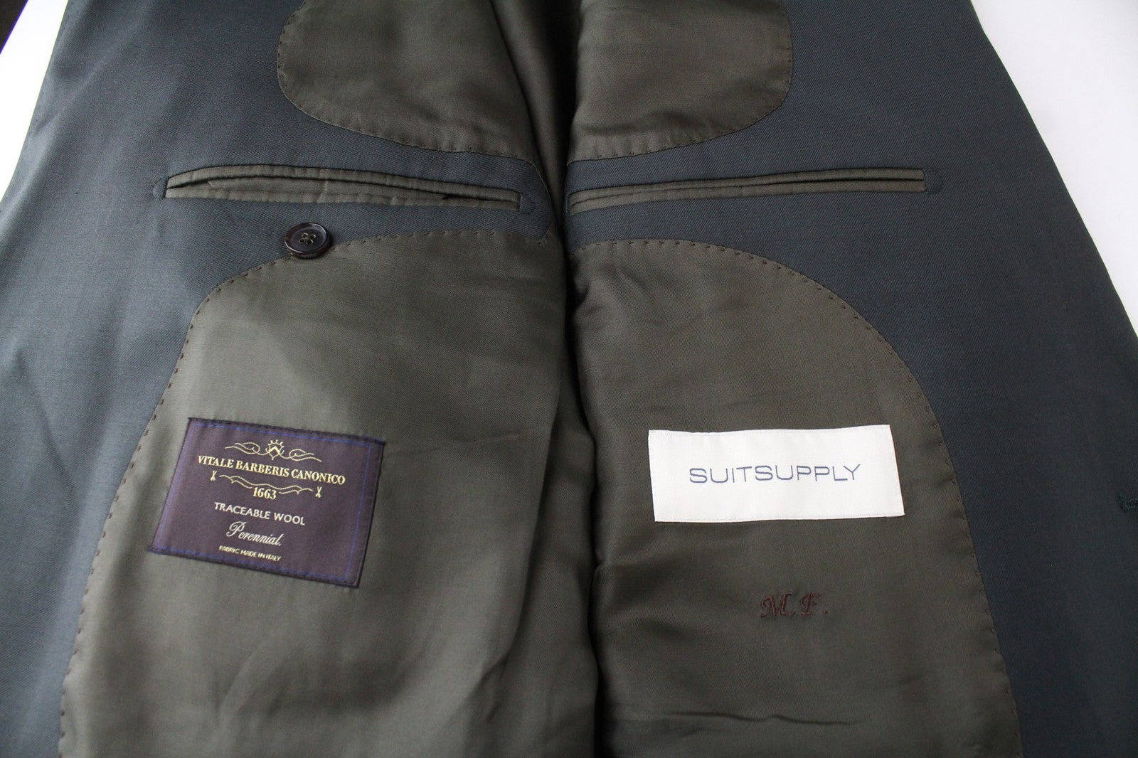 SUITSUPPLY La Spalla vyriškas švarkas UK50R žalias, su vilnoniu pamušalu, klasikinis, vienos krūtinės 