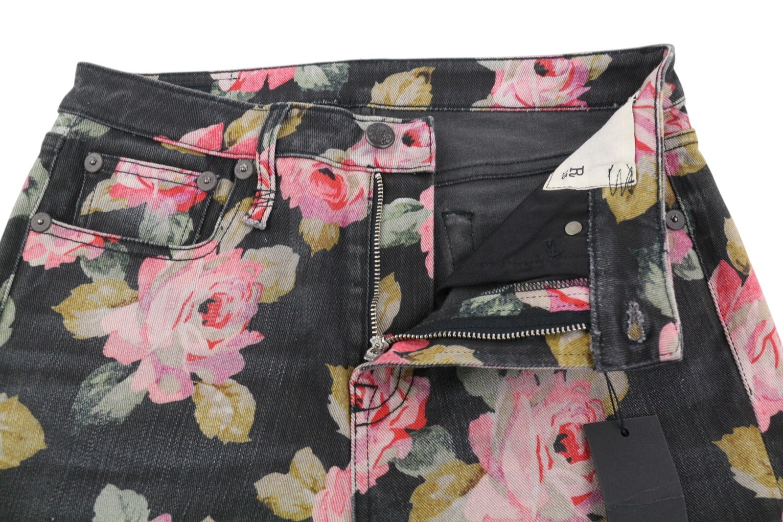 R13 Kick Fit moteriški džinsai 27 rožinio rašto, ploni, tiesaus kirpimo, trumpinti iki kulkšnies, su užtrauktuku. 