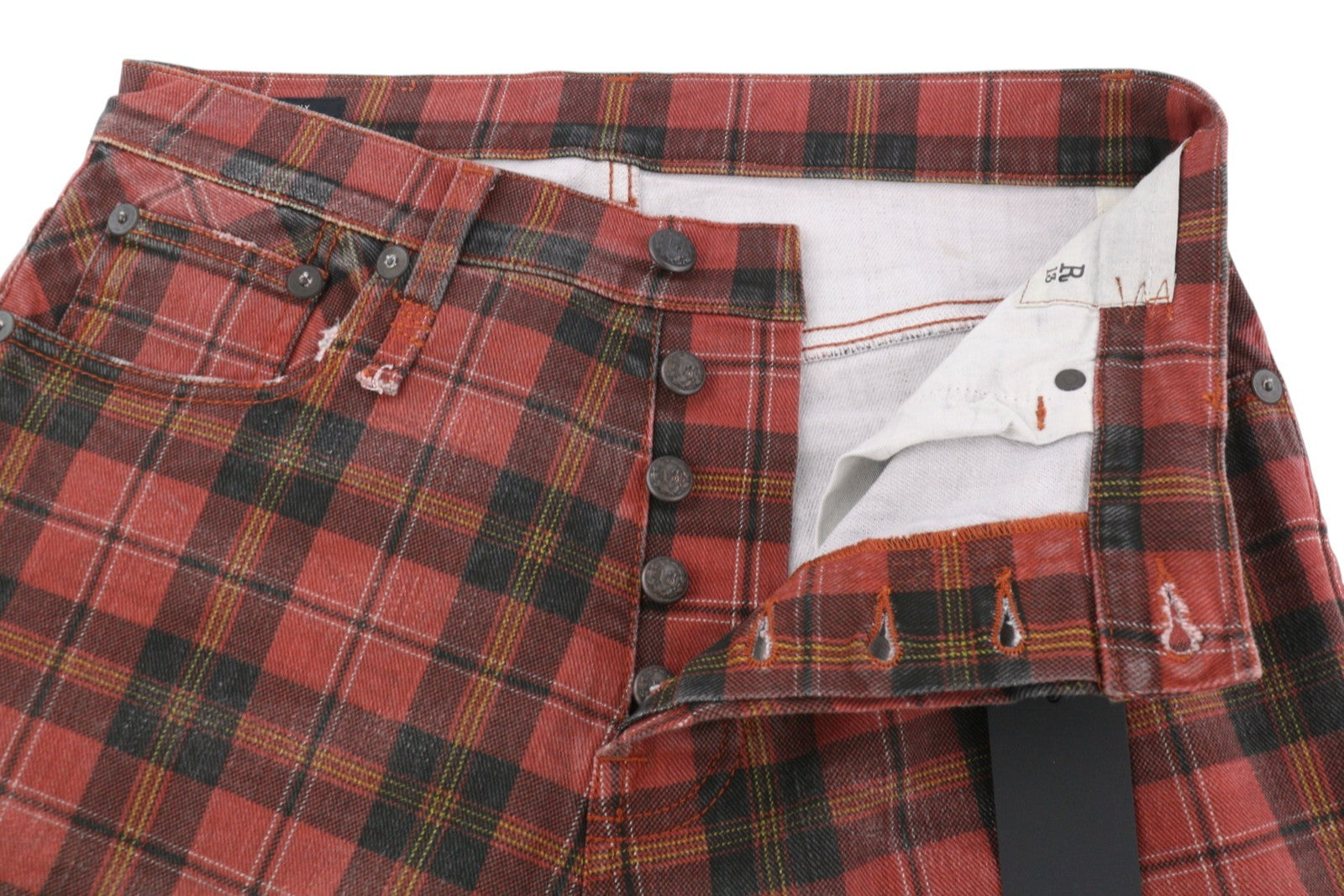 R13 Priglundančios moteriškos kelnės, 27, pelenų raudonumo, languotos, laisvos, iki kulkšnių, rekomenduojama kaina – 710 €