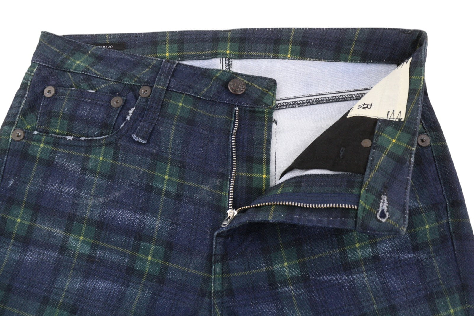 R13 Kick Fit moteriškos kelnės 27 margintos tartano spalvos, plonos, tiesaus kirpimo, iki kulkšnių. RMK 599 € 