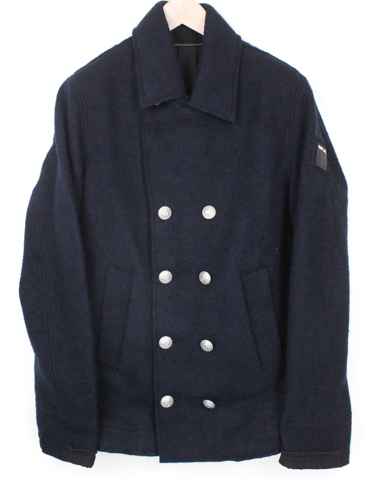 REPLAY vyriška striukė L tamsiai mėlyna, vilnos mišinio pamušalu, dvigubos krūtinės laisvalaikio kirpimas 