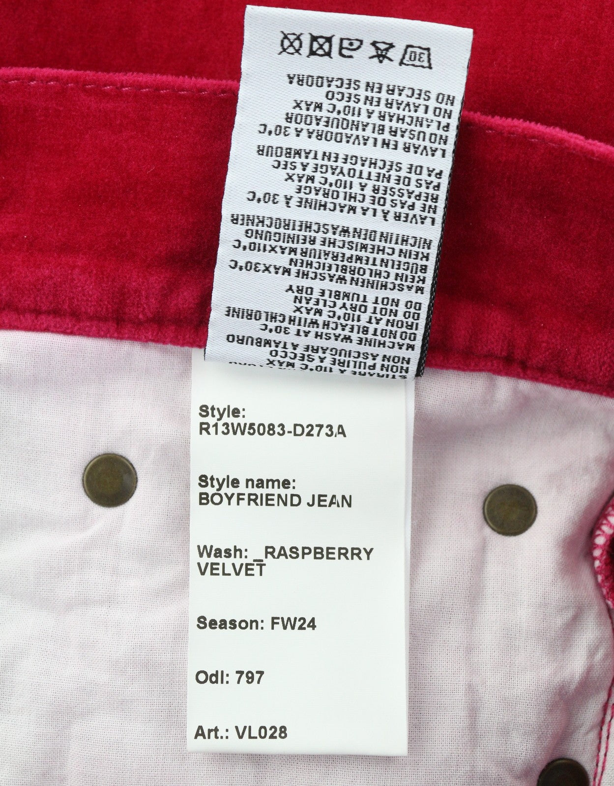 R13 Boyfriend moteriškos kelnės 26 aviečių spalvos aksominio lino mišinio trumpintos iki kulkšnių su užtrauktuku 