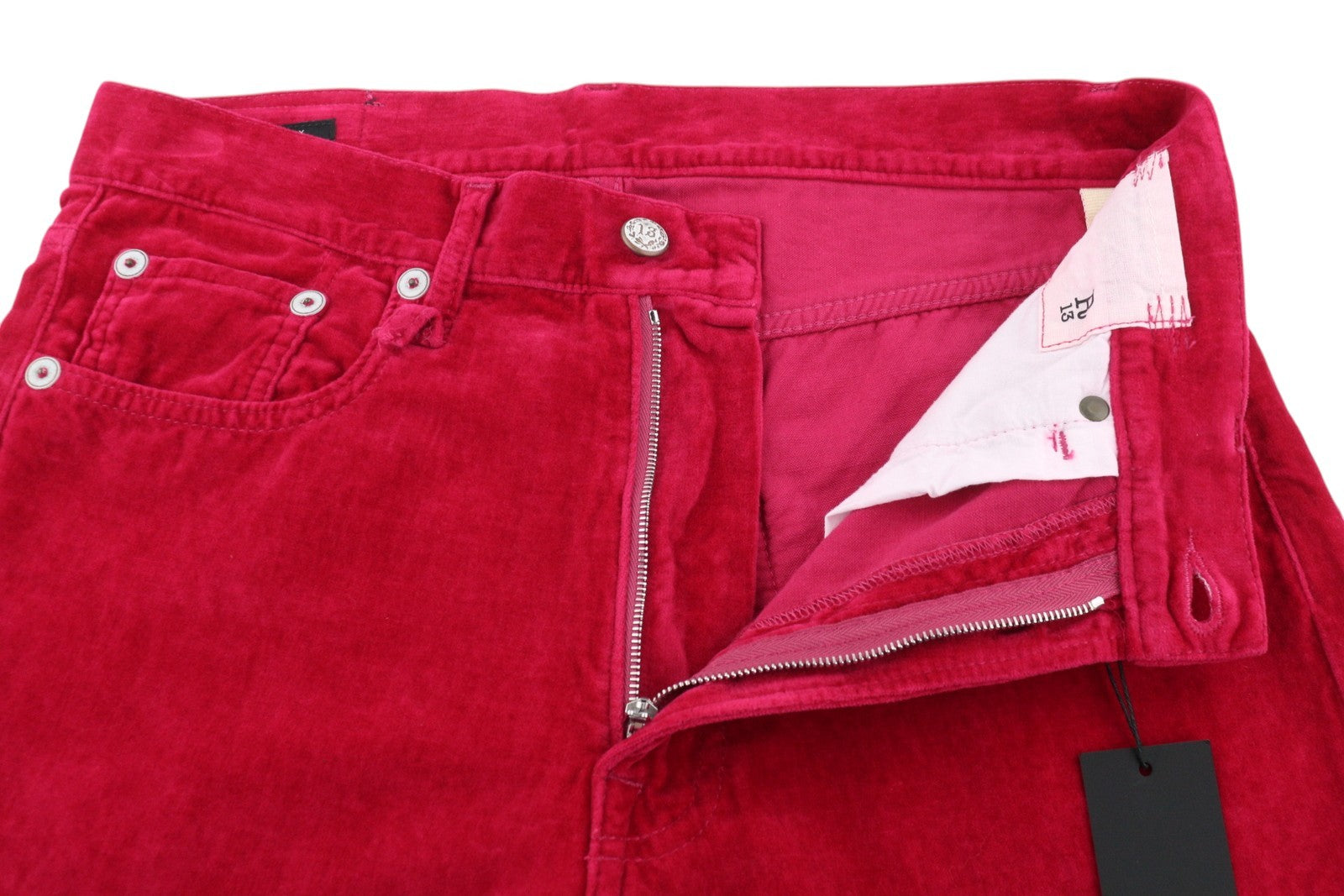 R13 Boyfriend moteriškos kelnės 26 aviečių spalvos aksominio lino mišinio trumpintos iki kulkšnių su užtrauktuku 