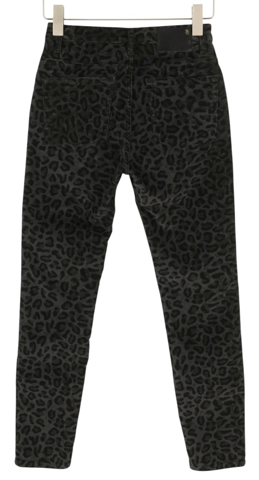 R13 Aukšto liemens aptemptos moteriškos kelnės 27 vidurnakčio leopardo rašto velveto užtrauktuku pilkos 