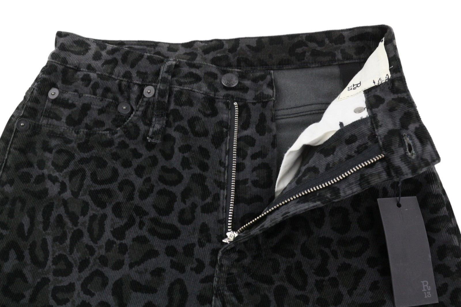 R13 Aukšto liemens aptemptos moteriškos kelnės 27 vidurnakčio leopardo rašto velveto užtrauktuku pilkos 