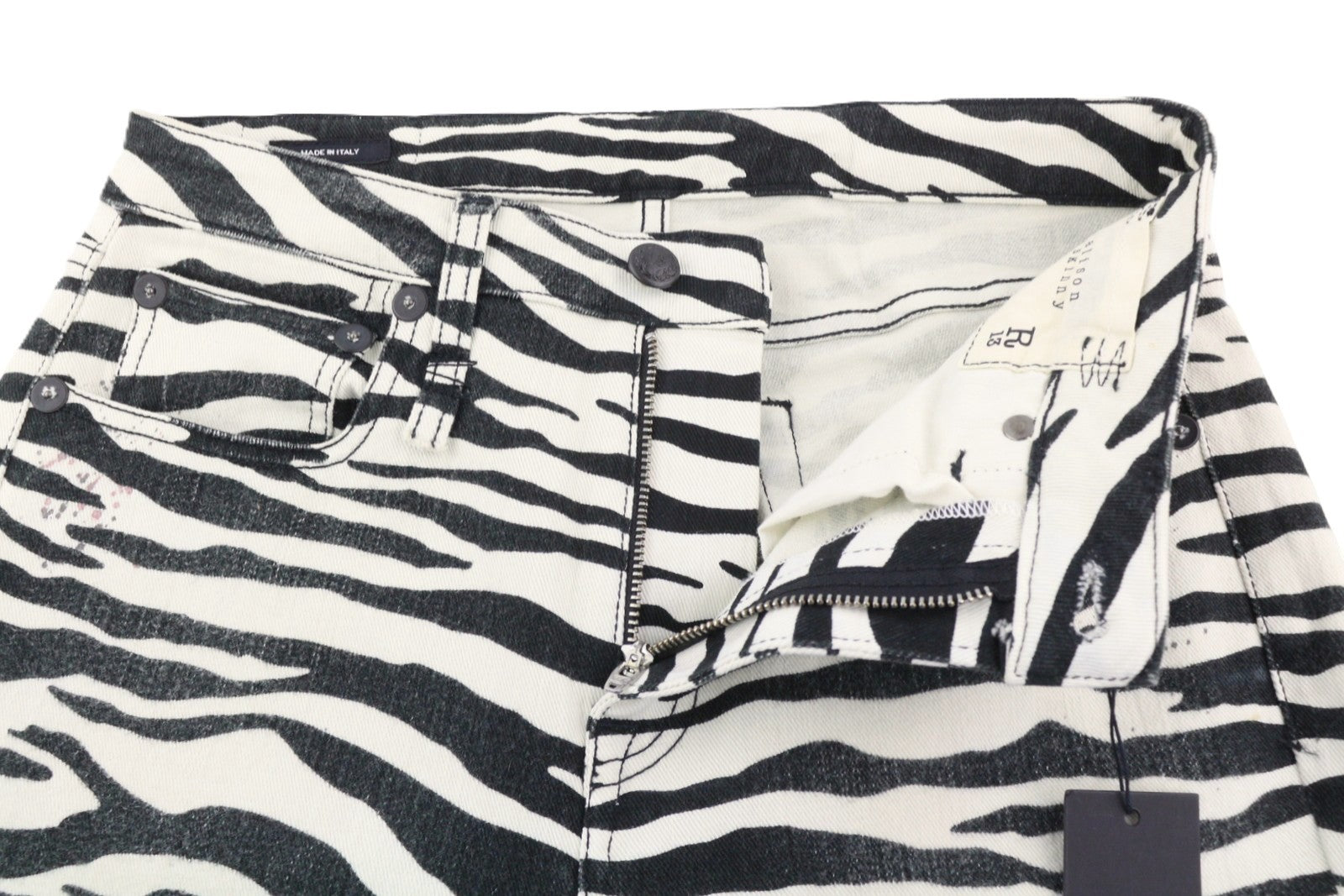 R13 Alison Skinny moteriški džinsai, 27, zebro raštas, užtrauktukas, laisvalaikio džinsinis logotipas, rekomenduojama kaina – 599 € 