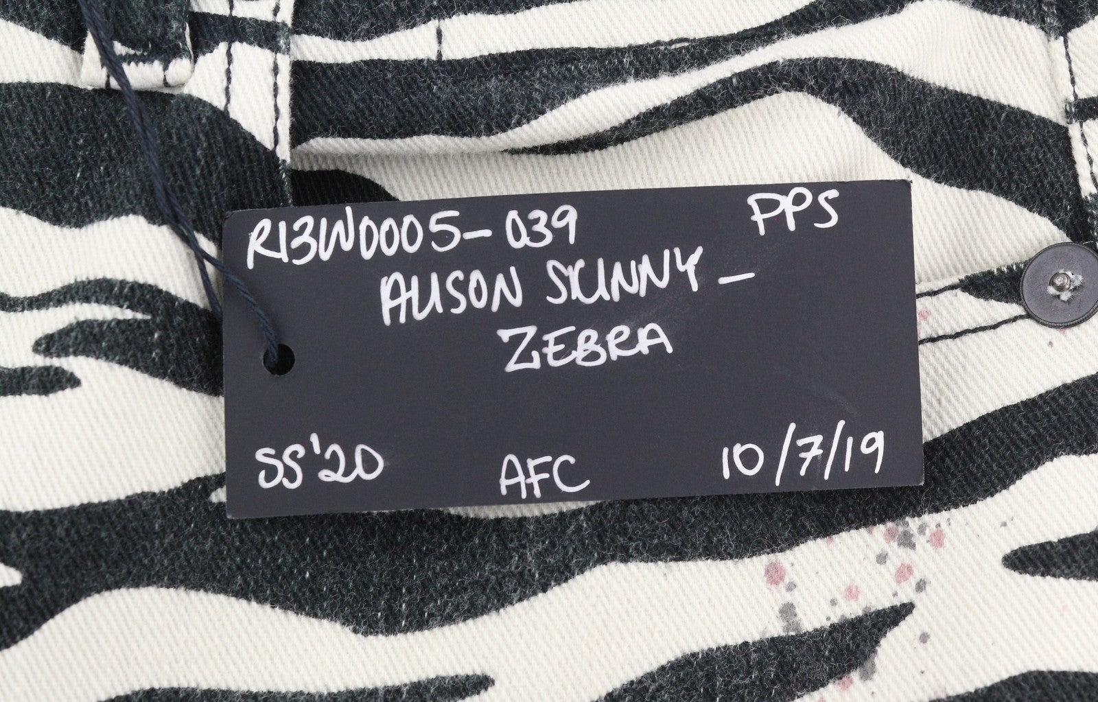 R13 Alison Skinny moteriški džinsai, 27, zebro raštas, užtrauktukas, laisvalaikio džinsinis logotipas, rekomenduojama kaina – 599 € 