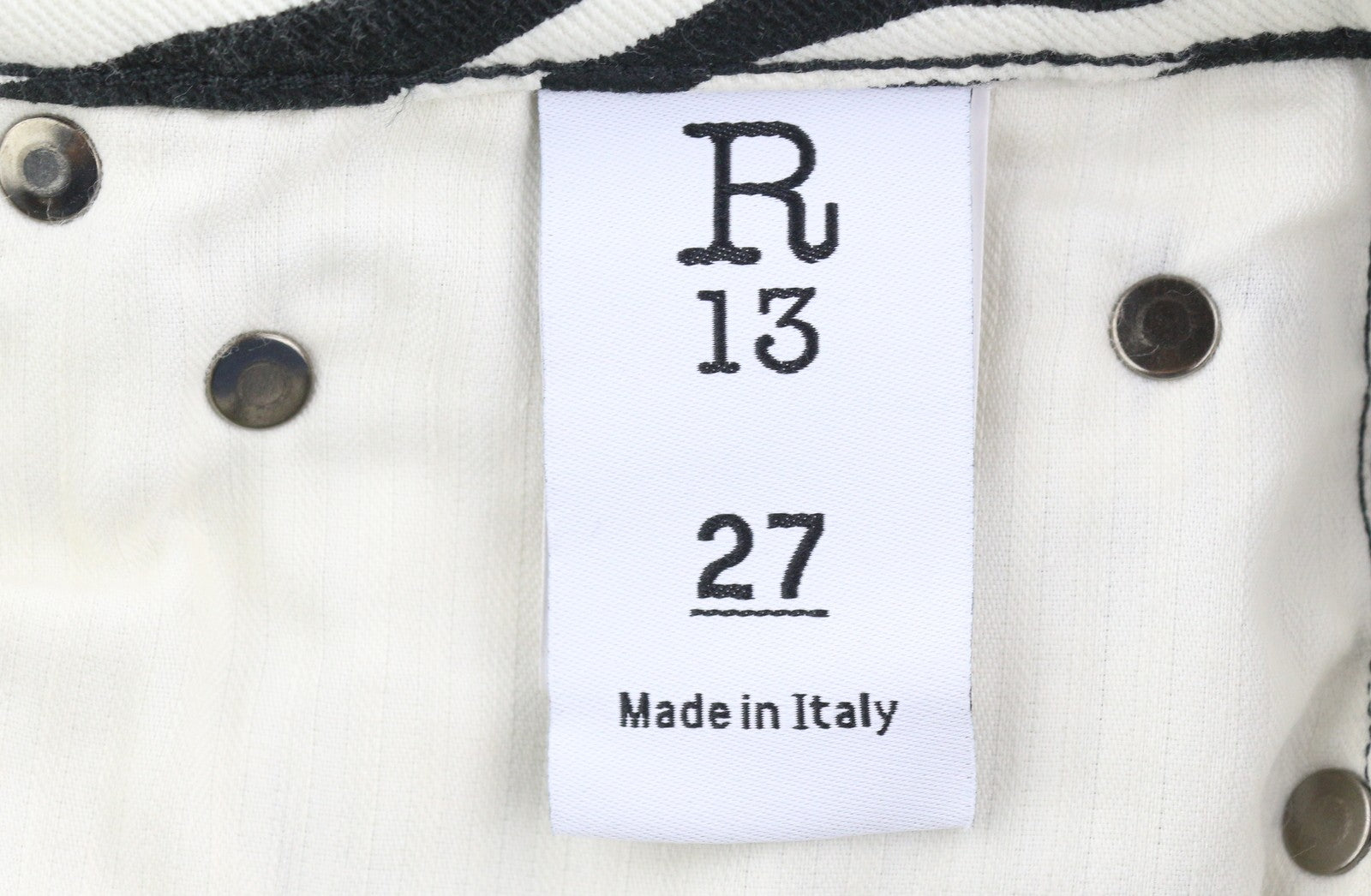 R13 Alison Skinny moteriški džinsai, 27, zebro raštas, užtrauktukas, laisvalaikio džinsinis logotipas, rekomenduojama kaina – 599 € 