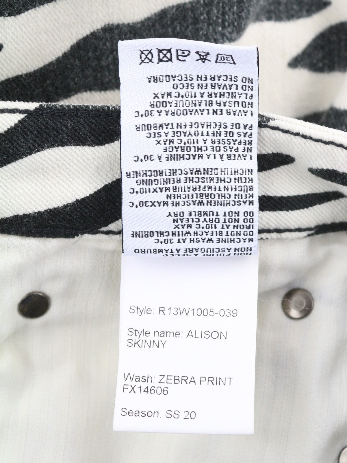 R13 Alison Skinny moteriški džinsai, 27, zebro raštas, užtrauktukas, laisvalaikio džinsinis logotipas, rekomenduojama kaina – 599 € 