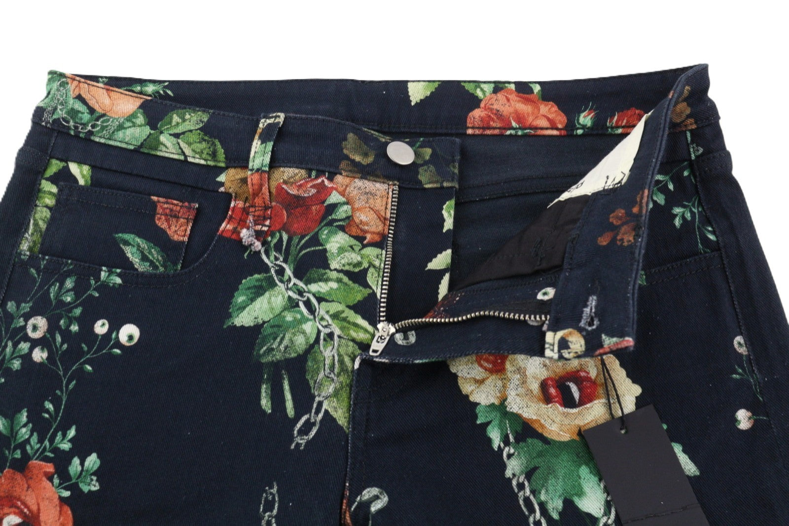 R13 Damon Overall moteriški džinsai 27 ekru spalvos lininiai Tinto senovinio gėlių rašto trumpinti ant kulkšnių 