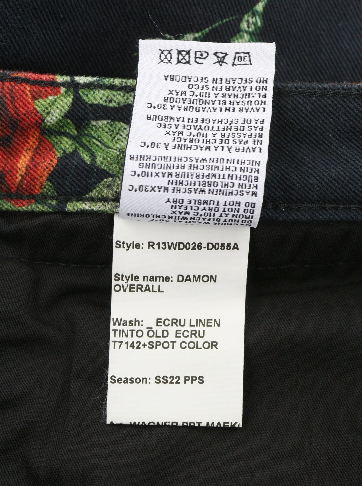 R13 Damon Overall moteriški džinsai 27 ekru spalvos lininiai Tinto senovinio gėlių rašto trumpinti ant kulkšnių 