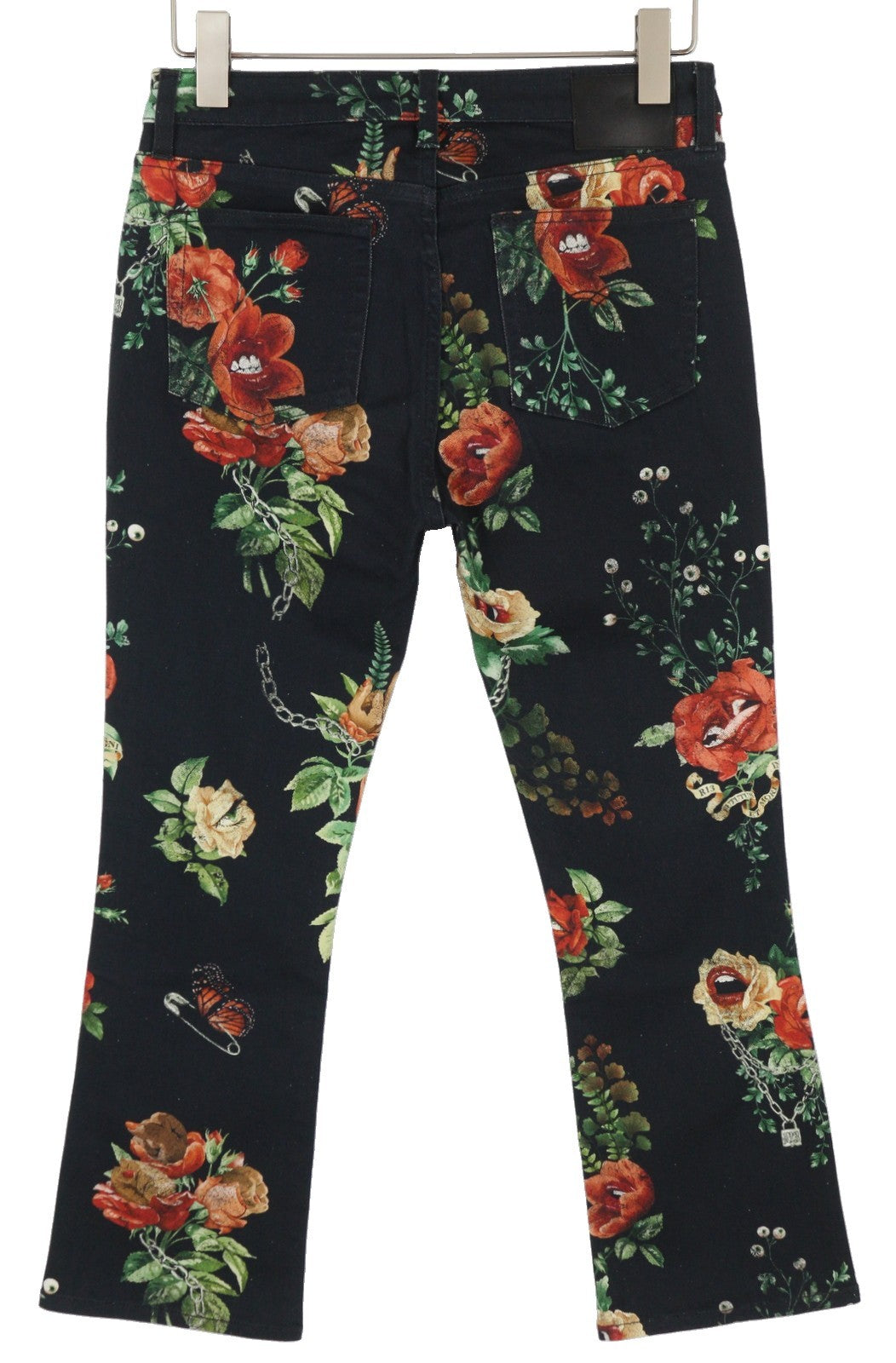 R13 Kick Fit moteriški džinsai 28 Useless Treasueres juodi gėlių rašto trumpinti iki kulkšnių 