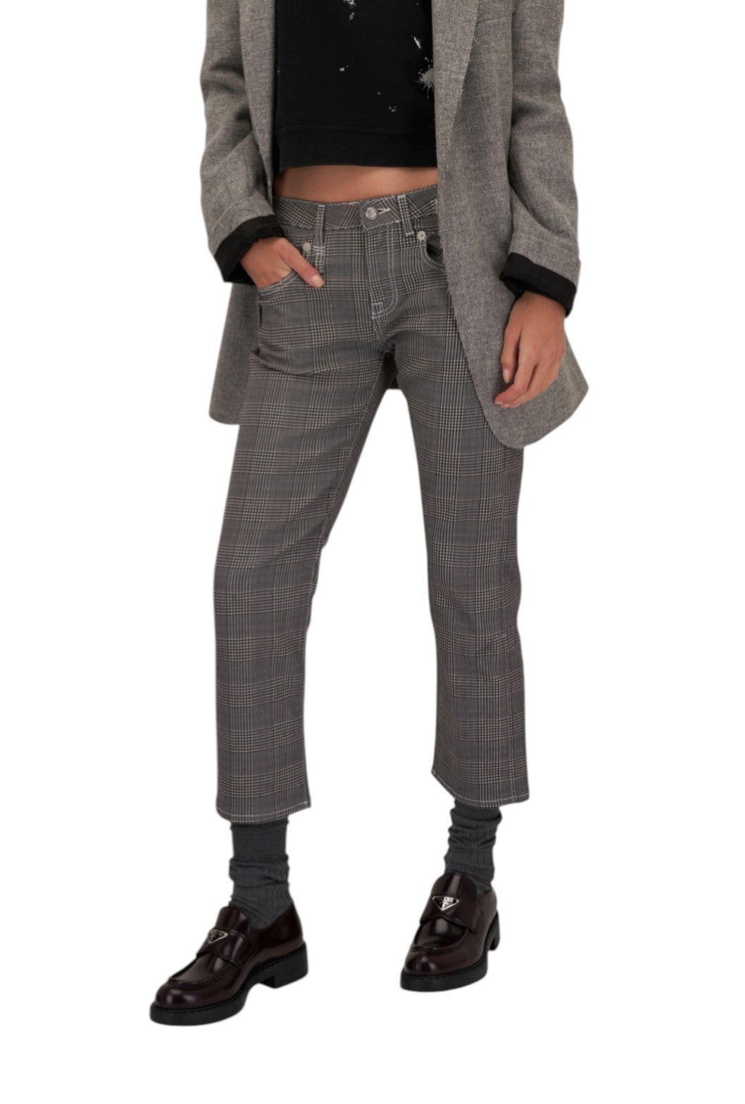 R13 Boy Straight Women Jeans 27 Printed Glen Plaid Ankle Length Cropped RRP€499